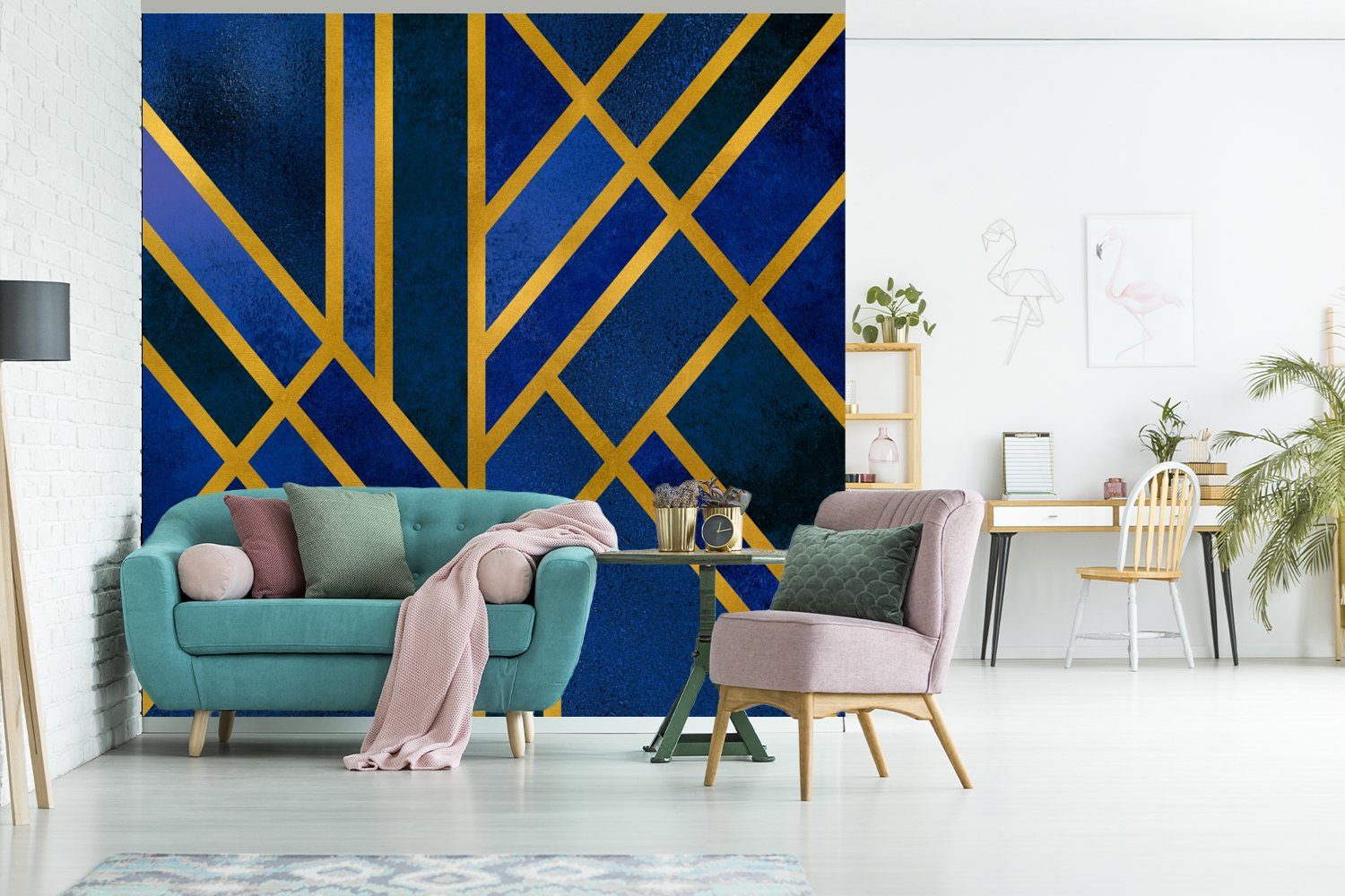 Wohnzimmer MuchoWow Luxus, Schlafzimmer Fototapete Design Blau bedruckt, (4 St), Fototapete Gold - für Matt, Vliestapete - - Küche,