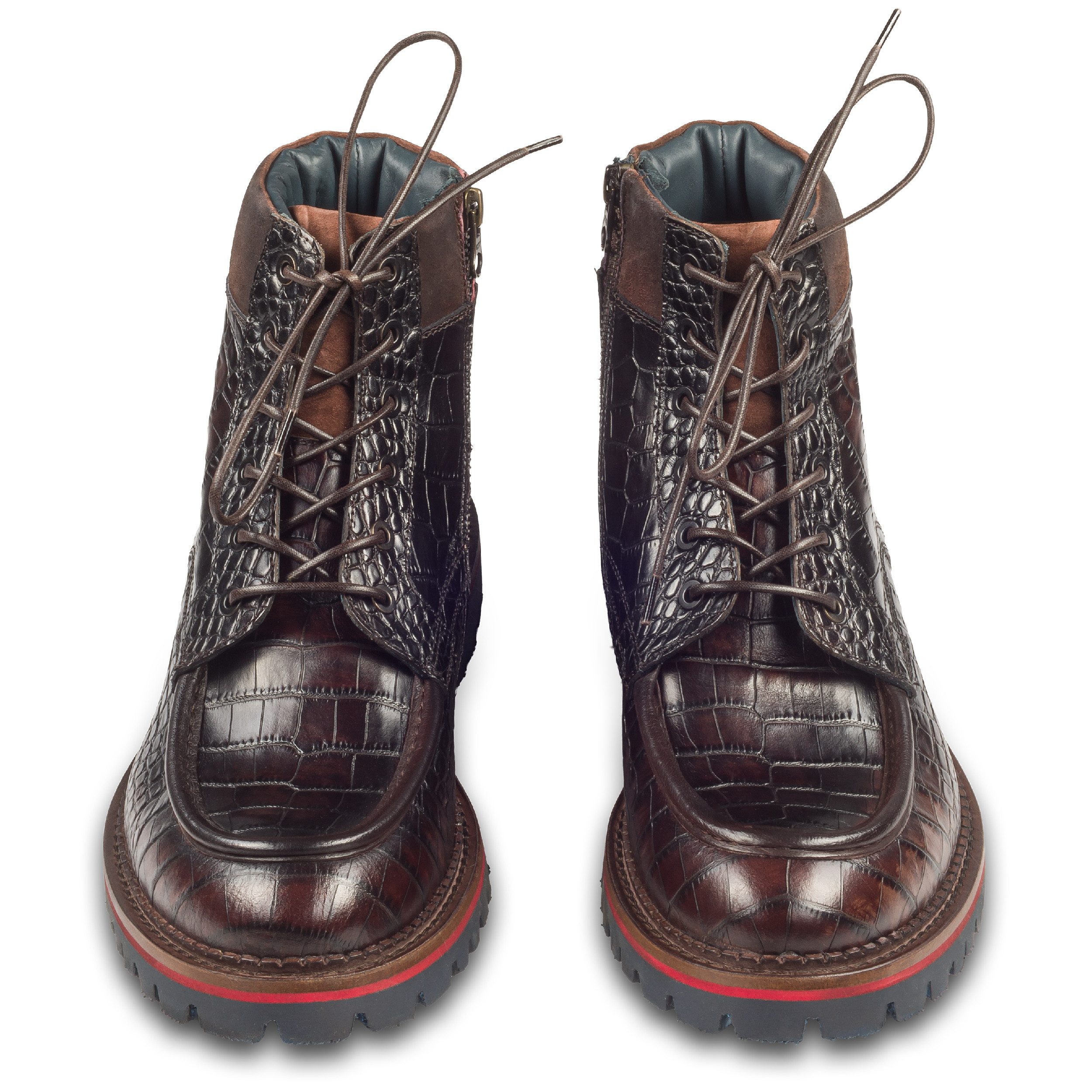 Lorenzi Lorenzi Herren Schnürstiefel braun, Leder Krokoprägung, Reißverschluß Stiefel Handgefertigt in Italien