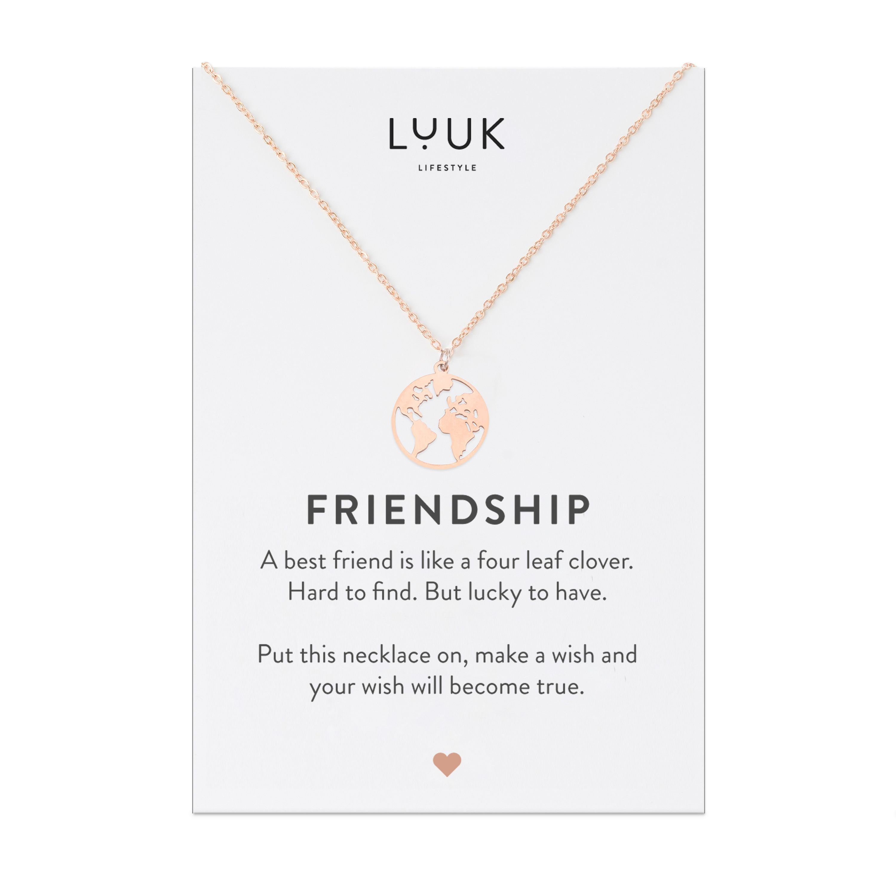 Anhänger, Globus Freundschaftskette FRIENDSHIP mit Rosé Geschenkkarte, Frauenschmuck, LUUK Abschiedsgeschenk, Edelstahl Reiseglücksbringer, Abenteuer, LIFESTYLE Freundschaftskette Weltkugel Weltkugel,