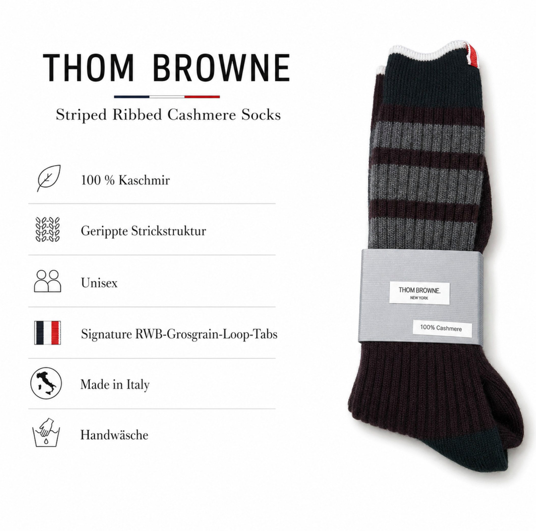 THOM BROWNE Freizeitsocken Kaschmir Socken Strick Kaschmirsocken Made Italy One Size Signature RWB-Grosgrain-Loop-Tabs
