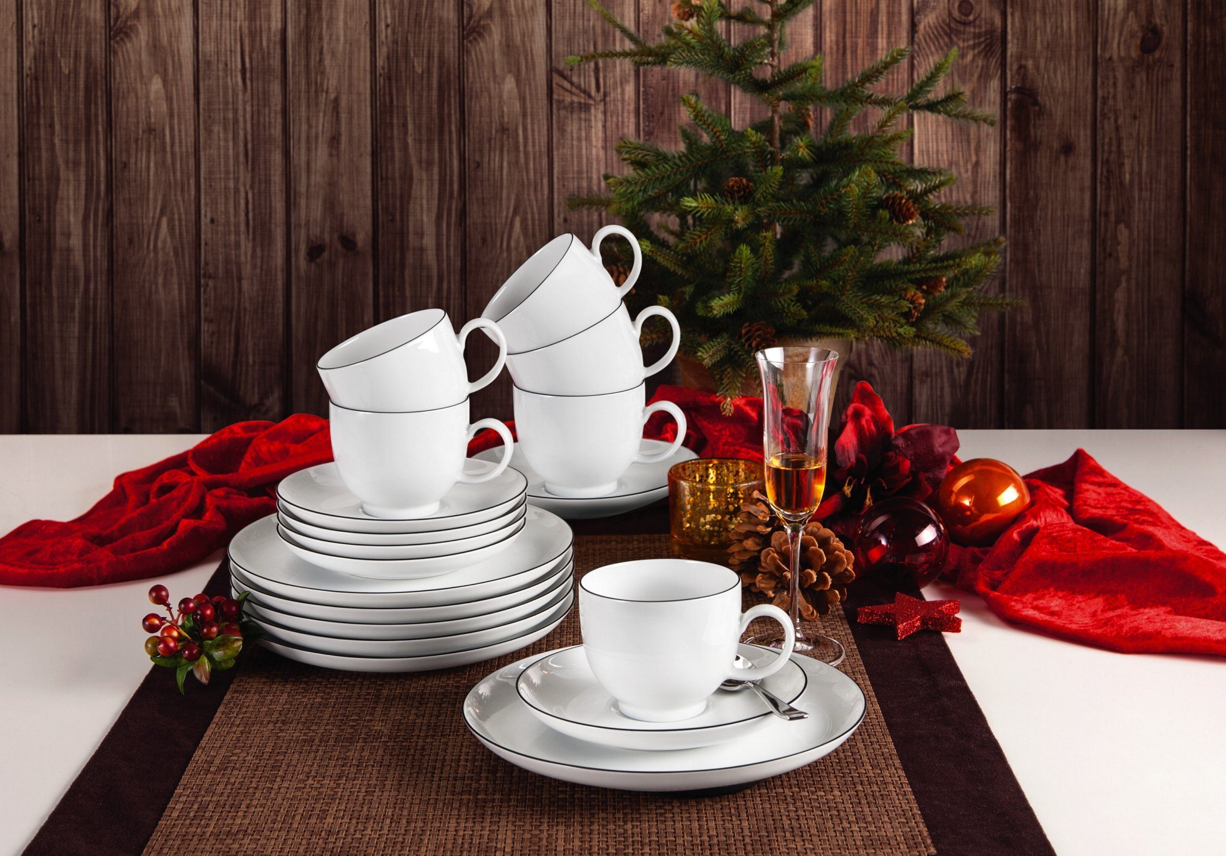 Seltmann Weiden Kaffeeservice Kaffeeservice 18-teilig - Lido Black Line - 1 Set (18-tlg), 6 Personen, Porzellan, Porzellan, spülmaschinenfest, mikrowellengeeignet, Made in Germany