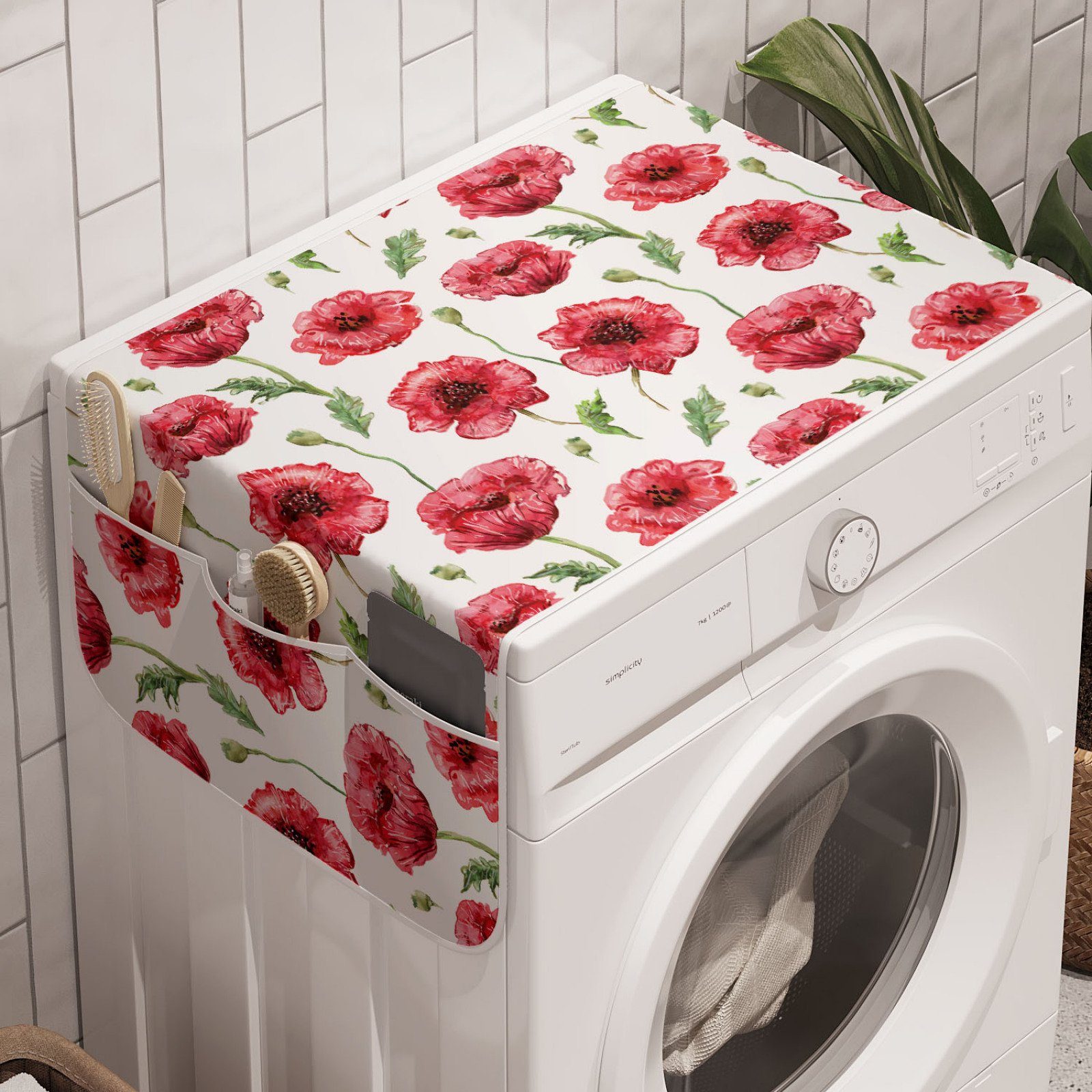 Aquarelle Zier und Abakuhaus Waschmaschine Trockner, Mohn Badorganizer Anti-Rutsch-Stoffabdeckung für Blossom