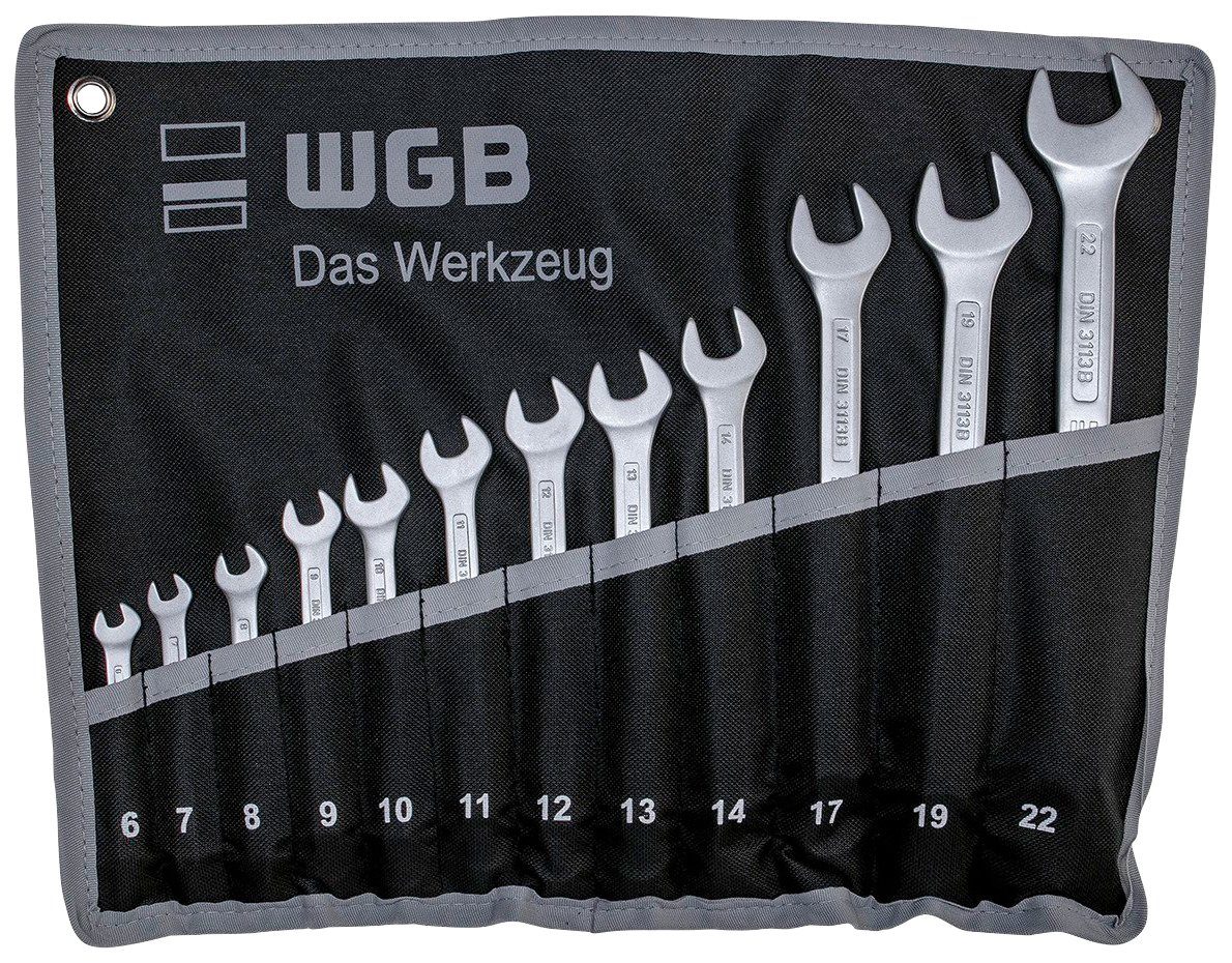 WGB BASIC PLUS Gabel- und Ringschlüssel Ringmaulschlüssel-Satz (Set, 12 St), Chrom-Vanadium Stahl, verchromt, Ringseite gekröpft, in Rolltasche | Ringschlüssel