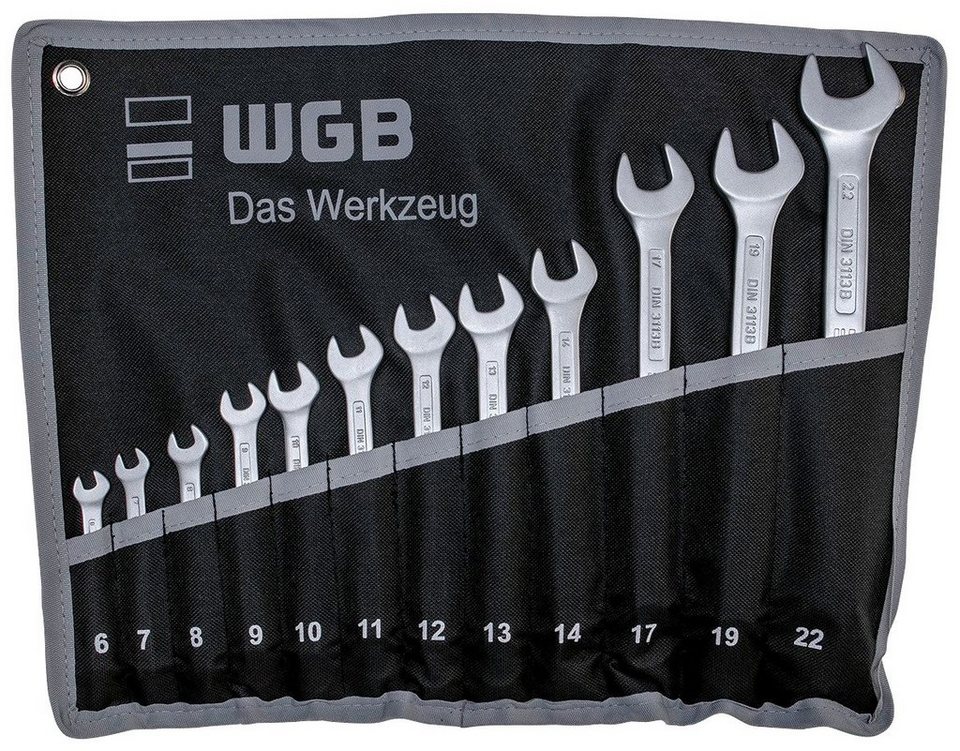 WGB BASIC PLUS Gabel- und Ringschlüssel Ringmaulschlüssel-Satz (Set, 12  St), Chrom-Vanadium Stahl, verchromt, Ringseite gekröpft, in Rolltasche