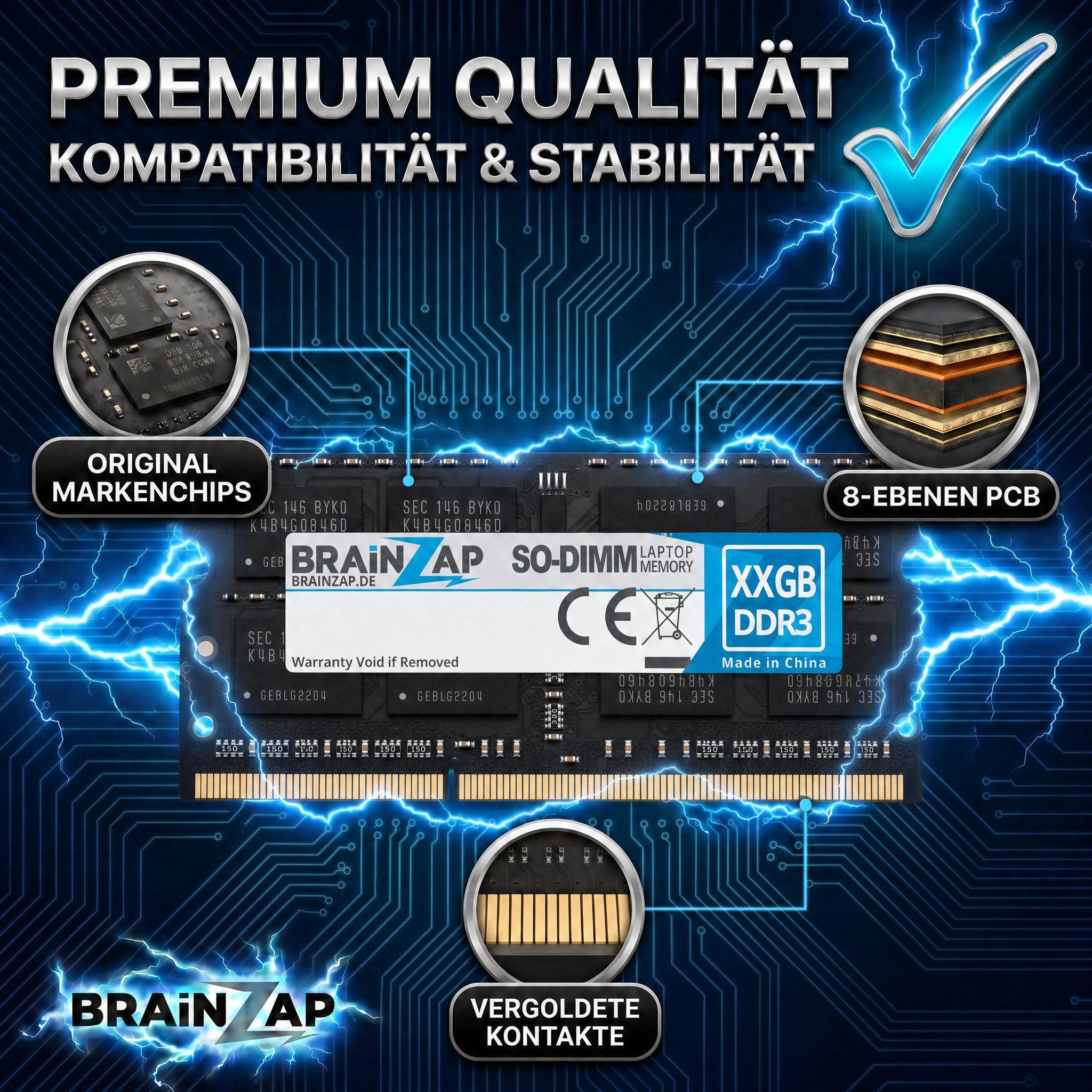 BRAINZAP 8GB RAM PC3L-12800S-11 SO-DIMM Laptop-Arbeitsspeicher (1600 MHz, CL11, 2Rx8, Non-ECC, Unbuffered, für Notebooks - Intel und)