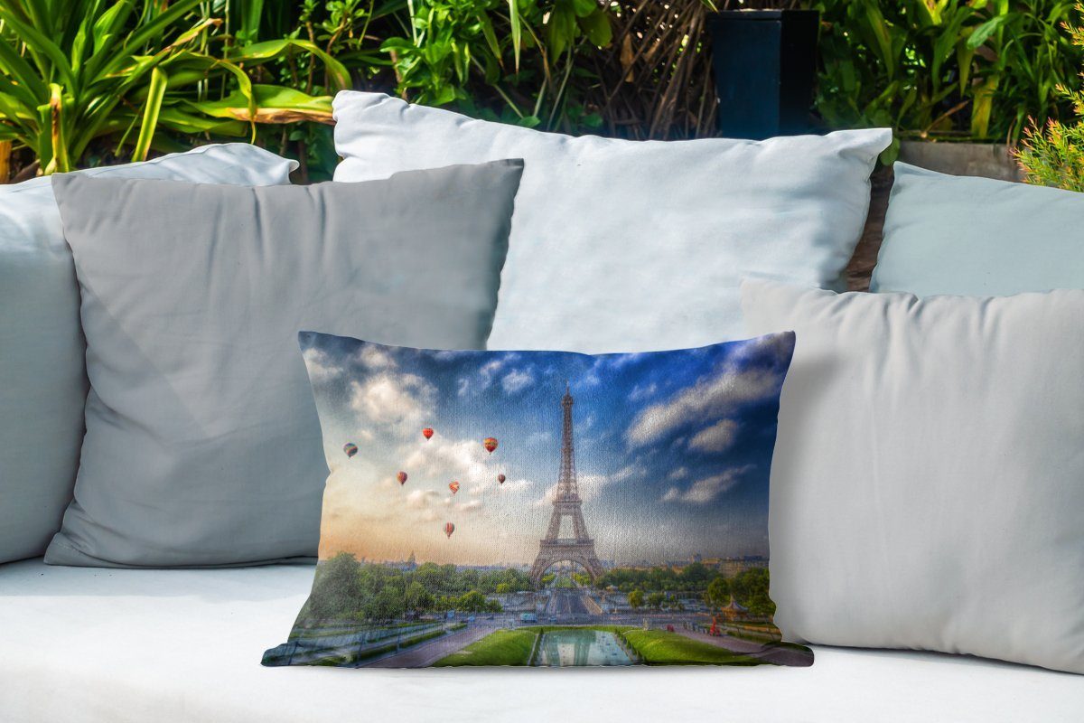 Kissenhülle Der Dekokissenbezug, mit Paris, Polyester, Dekokissen Heißluftballons MuchoWow Eiffelturm Outdoor-Dekorationskissen, Hintergrund im über
