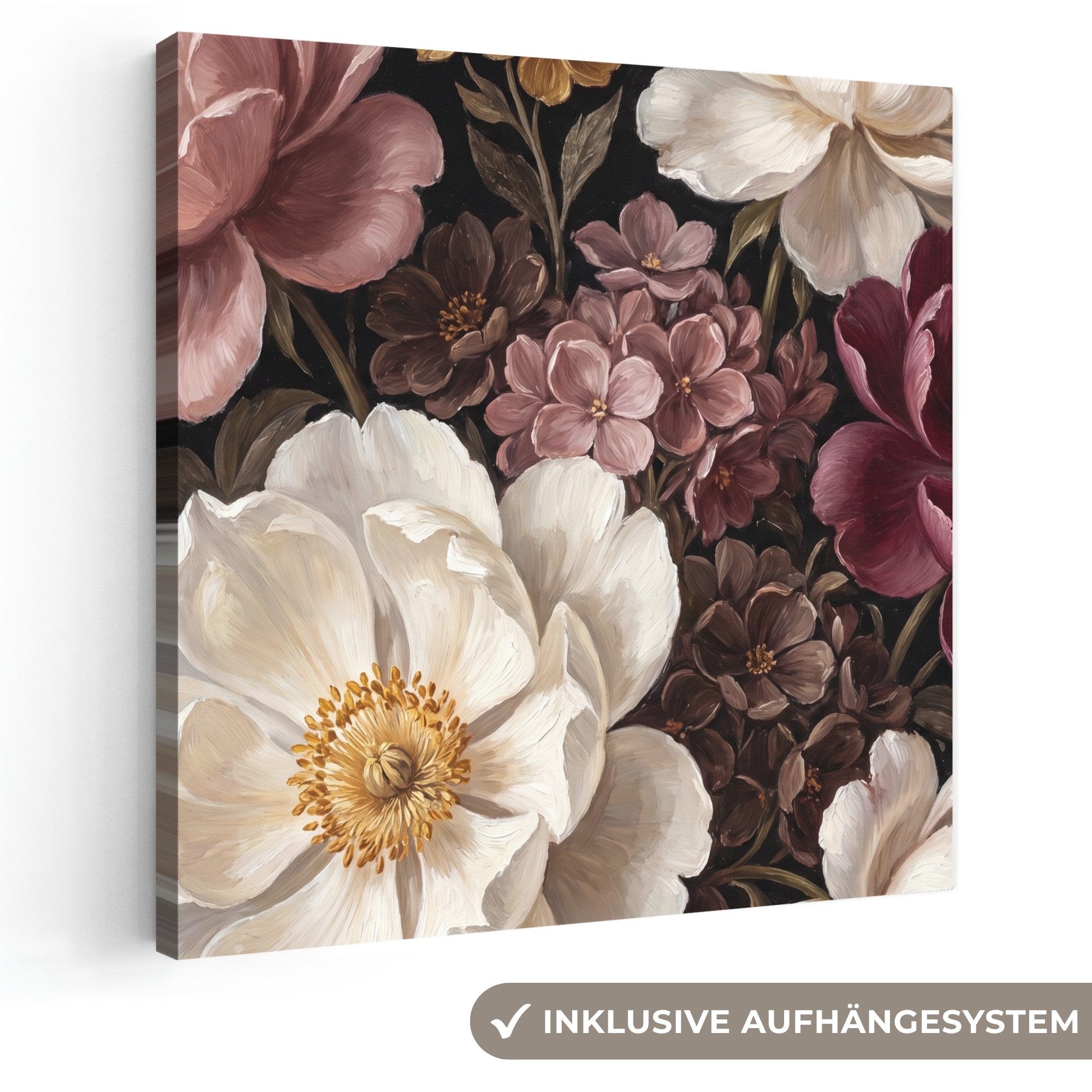 OneMillionCanvasses® Leinwandbild Blumen – Blumenstrauß – Klassisch – Dunkel – Rot, Fotodruck (1 St), Wandbild, Deko Schlafzimmer Wohnzimmer Flur 20x20 cm
