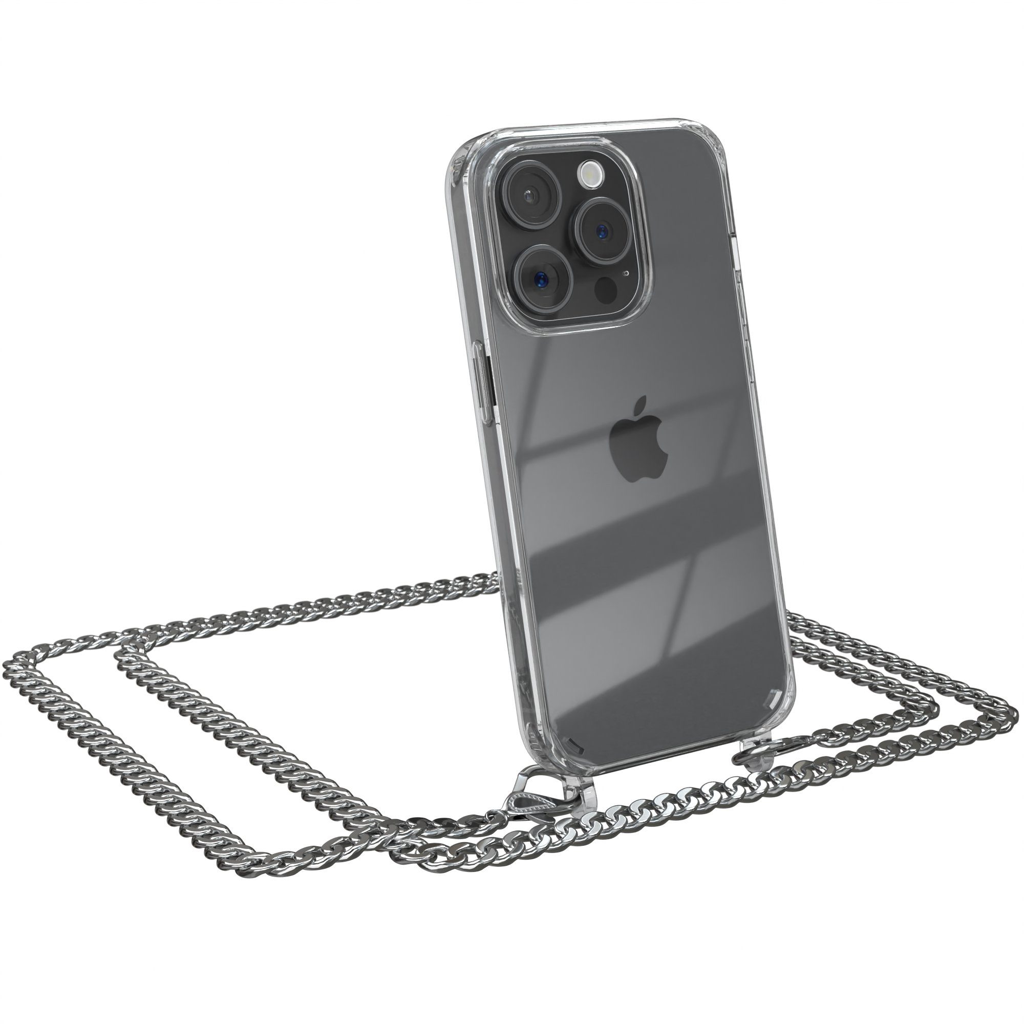 EAZY CASE Handykette 2in1 Metallkette Magsafe Hülle für iPhone 15 Pro 6,1 Zoll, Hülle mit Kette Metallkette Slimcover Handykette Umhängetasche Silber