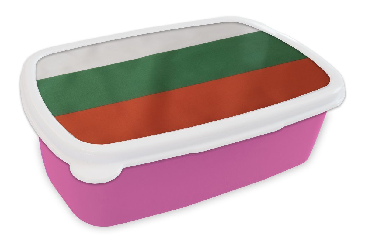 MuchoWow Lunchbox Nahaufnahme der Flagge von Bulgarien, Kunststoff, (2-tlg), Brotbox für Erwachsene, Brotdose Kinder, Snackbox, Mädchen, Kunststoff rosa | Lunchboxen