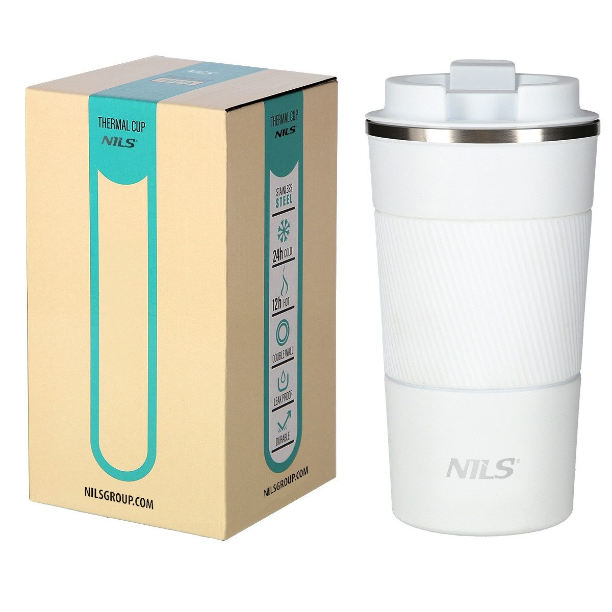 Nils Thermobecher Isolierbecher Kaffeebecher Trinkbecher, 1-tlg., Edelstahl, 510 ml, 12 h warm, 24 h kalt, Gummigriff, Druckknopf