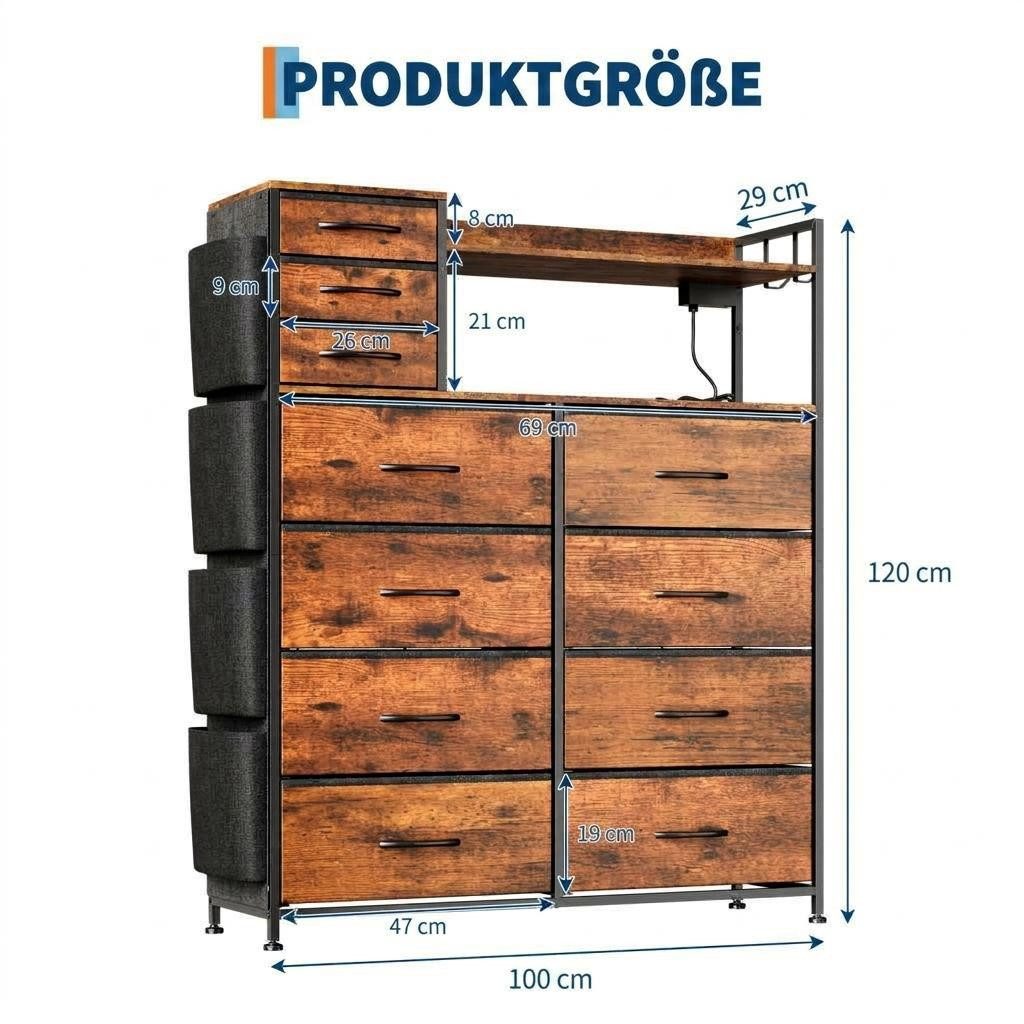 GarveeMore Kommode Highboard Kombikommode Schubkastenkommode mit 8+3 Stoffschubladen (1 St), Hochkommode mit 4 Seitenfächer, USB-Anschluss, LED, Haken und Regale