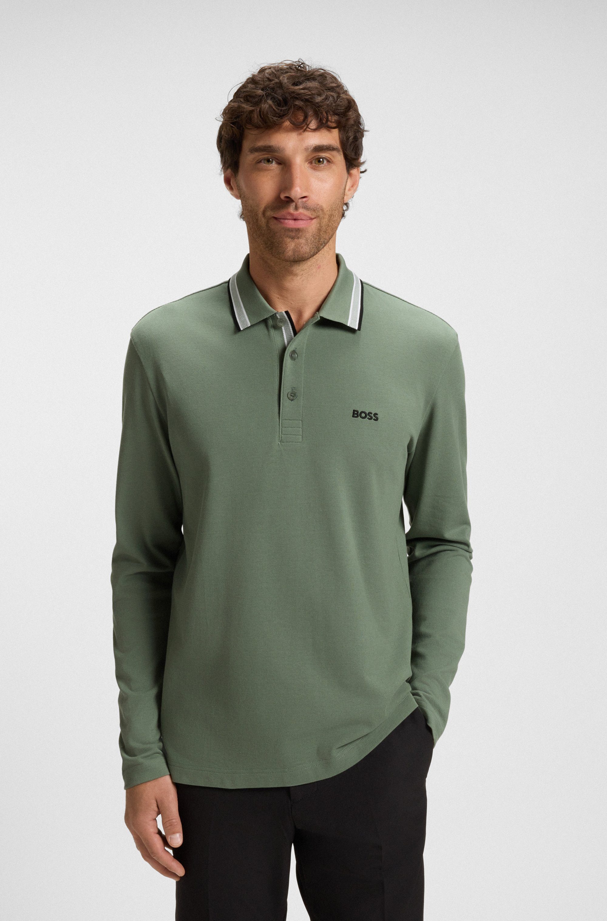 BOSS GREEN Langarm-Poloshirt Plisy mit Streifen am Kragen günstig online kaufen