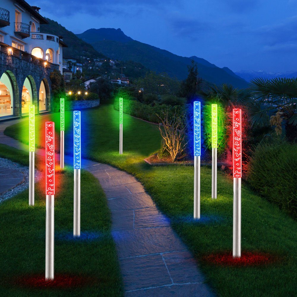 etc-shop LED Solarleuchte, LED-Leuchtmittel fest verbaut, Farbwechsel, 8x LED Steck Garten Leuchte Farbwechsler Edelstahl Solar Lampe