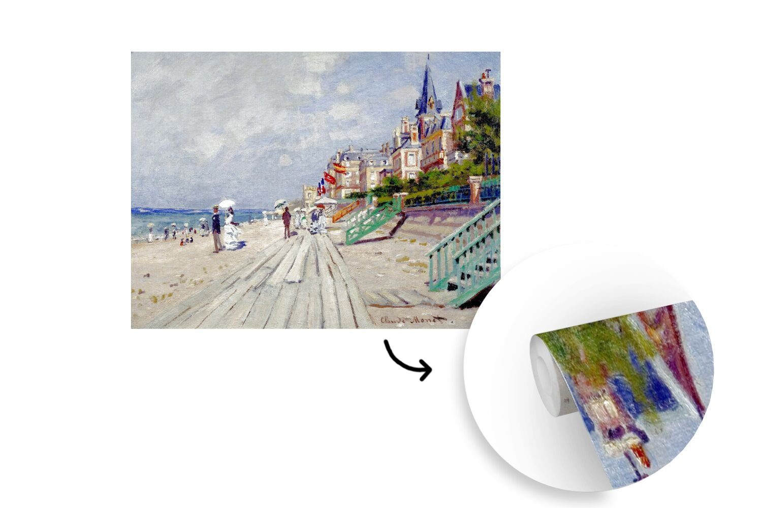 Die von Gemälde von bedruckt, Küche, Trouville Monet, St), MuchoWow für Wohnzimmer Fototapete Claude Matt, Strandpromenade - (5 Vliestapete Fototapete Schlafzimmer