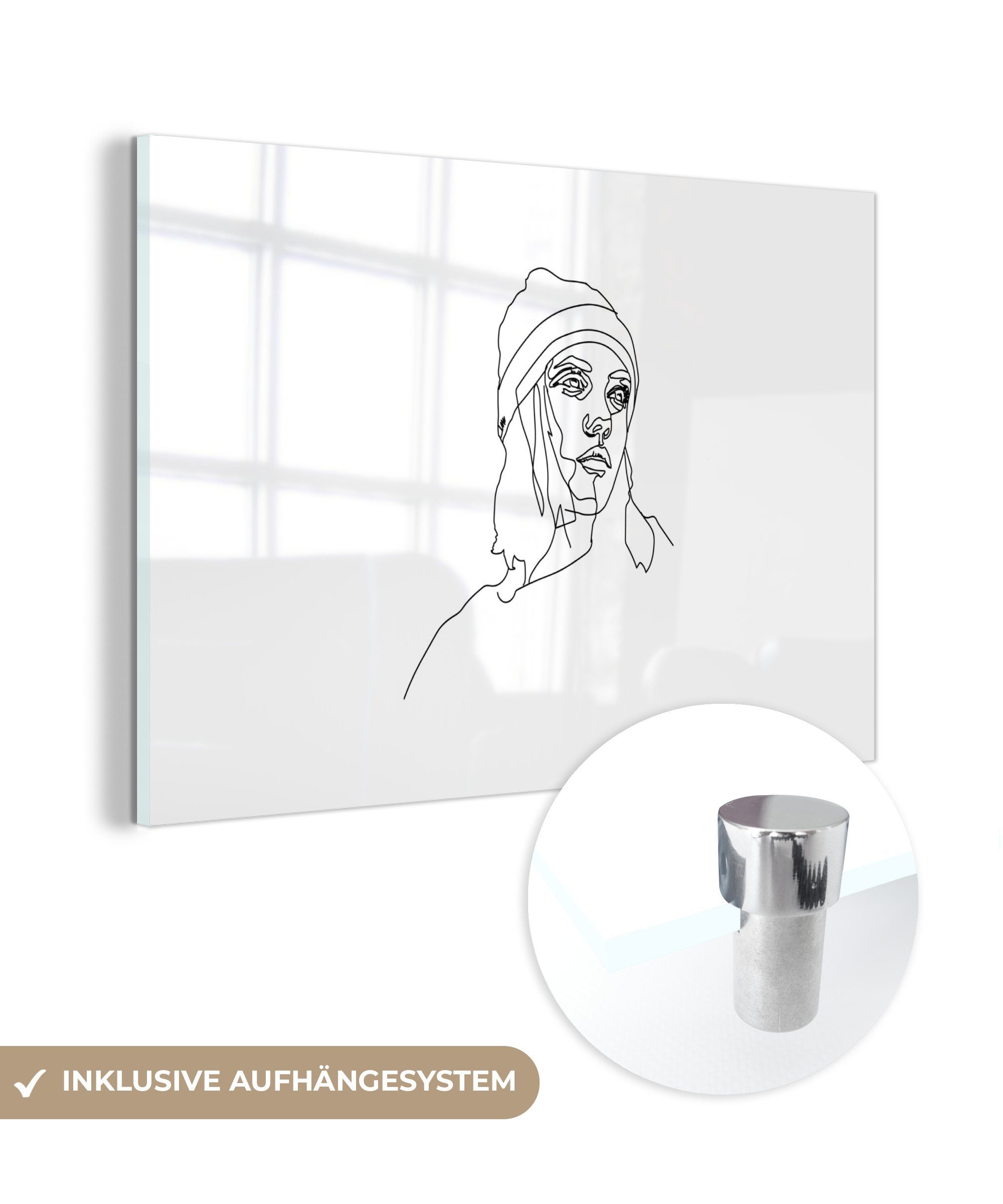 MuchoWow & - Wohnzimmer - St), (1 Acrylglasbild Schlafzimmer Frau, Strichzeichnung Acrylglasbilder Mütze