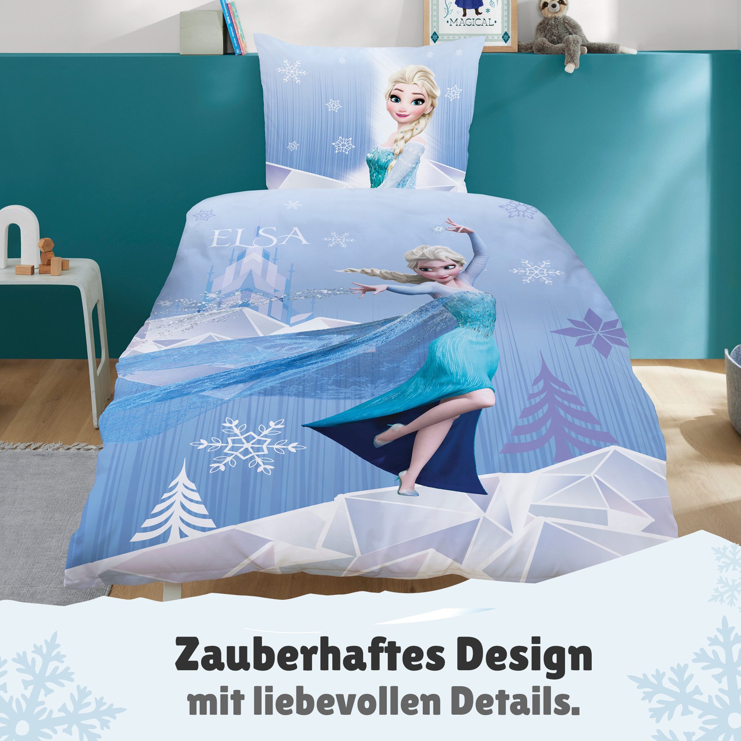 Familando Kinderbettwäsche Set Disney Frozen Die Eiskönigin 135x200 + 80x80 cm aus 100% Baumwolle, Renforcé, 2 teilig, "Diamonds" mit Anna, Elsa und Olaf