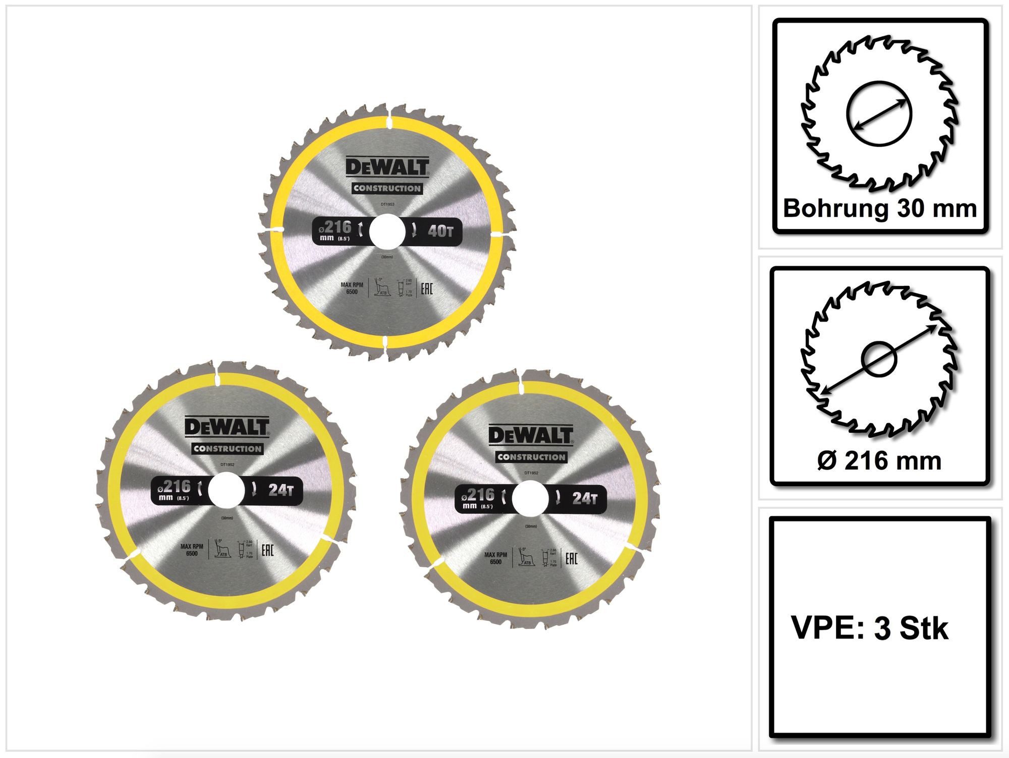 DeWalt Kreissägeblatt Kreissägeblatt Set 3 tlg. 216 x 2,6 x 30 mm für Stationärsäge