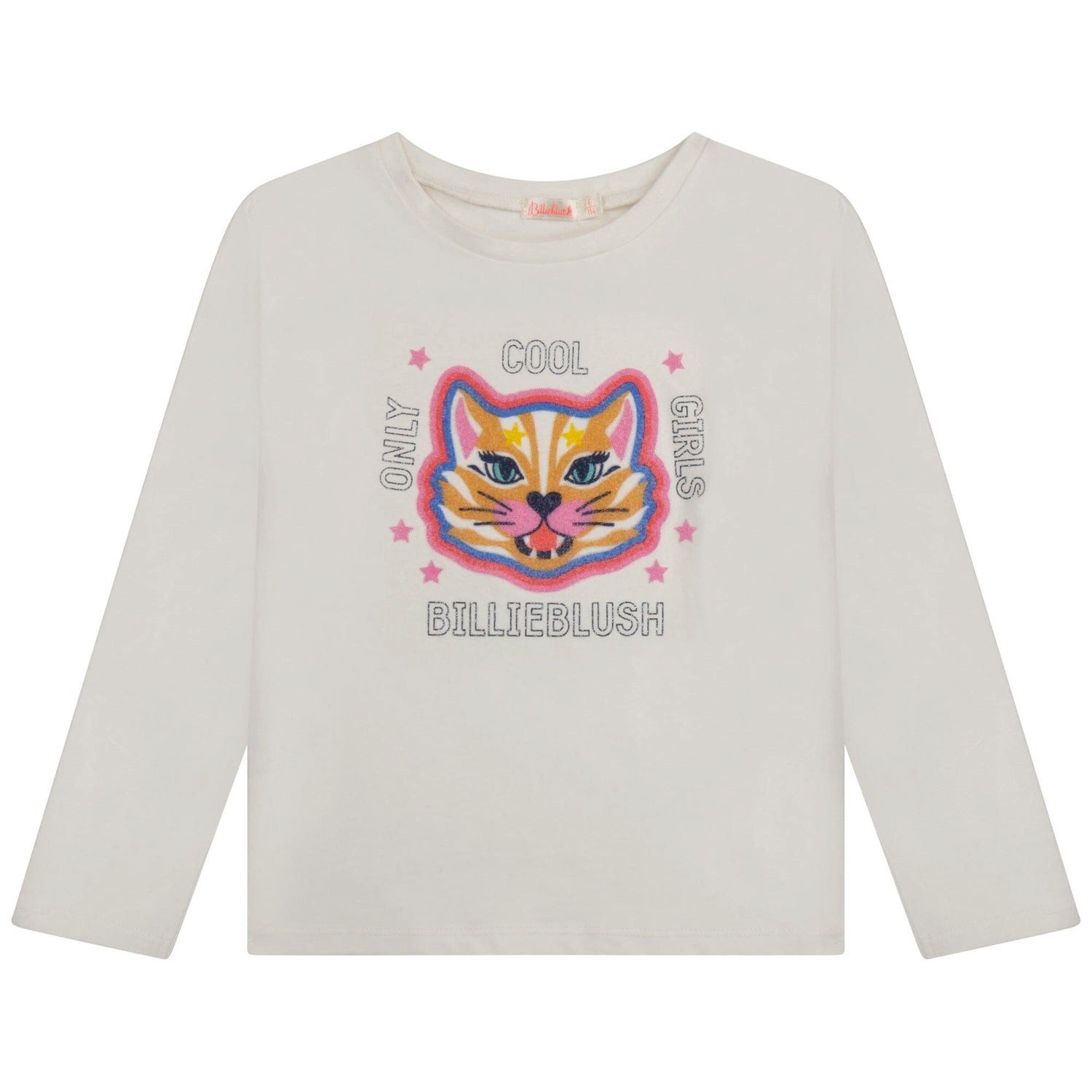 Langarmshirt Billieblush Longsleeve weiß mit bunter, glitzernder Katze und Spruch