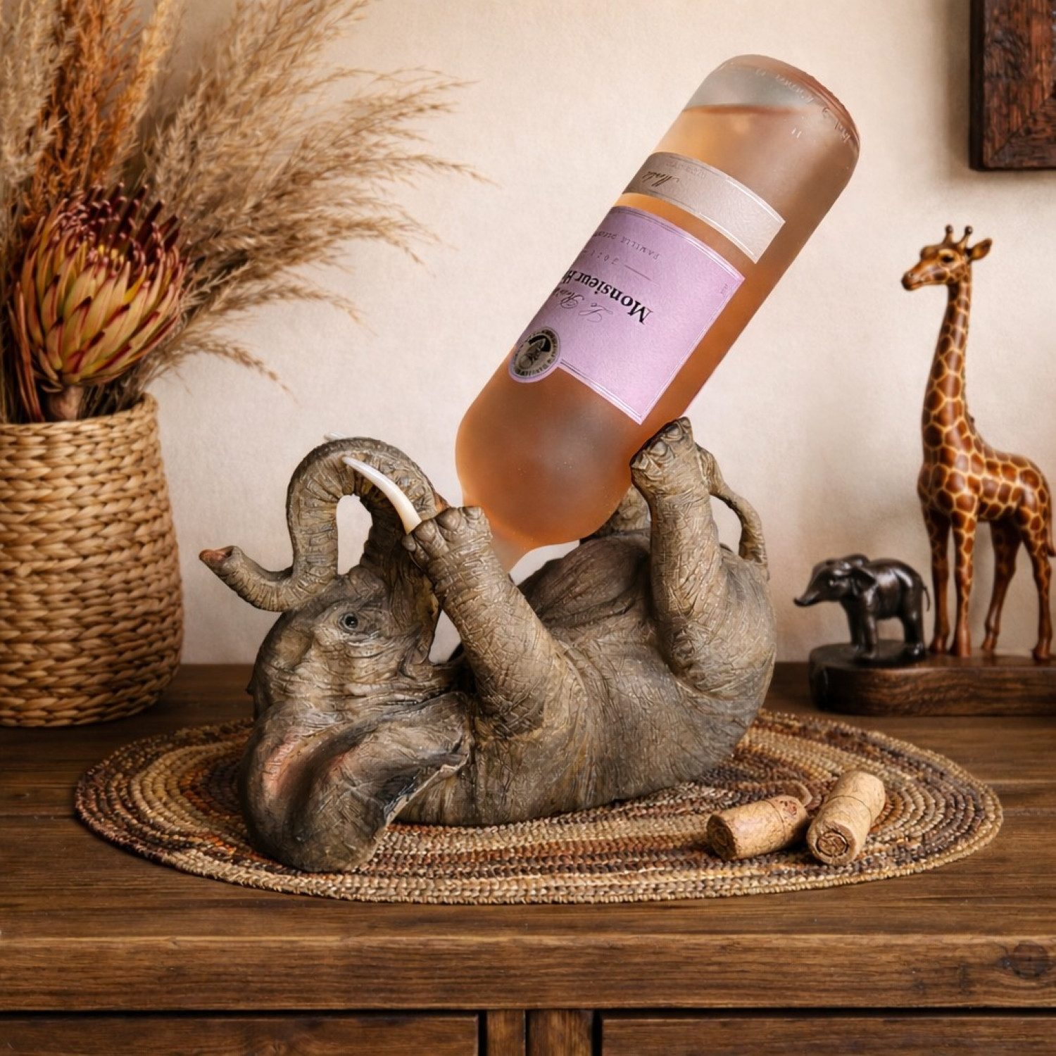 Online-Fuchs Weinflaschenhalter in Form eines durstigen Elefanten - Geschenkidee für Weinliebhaber, (Outdoor geeignet, Flaschenständer), ideal zur Dekoration im Wohnzimmer, Bar oder Restaurant