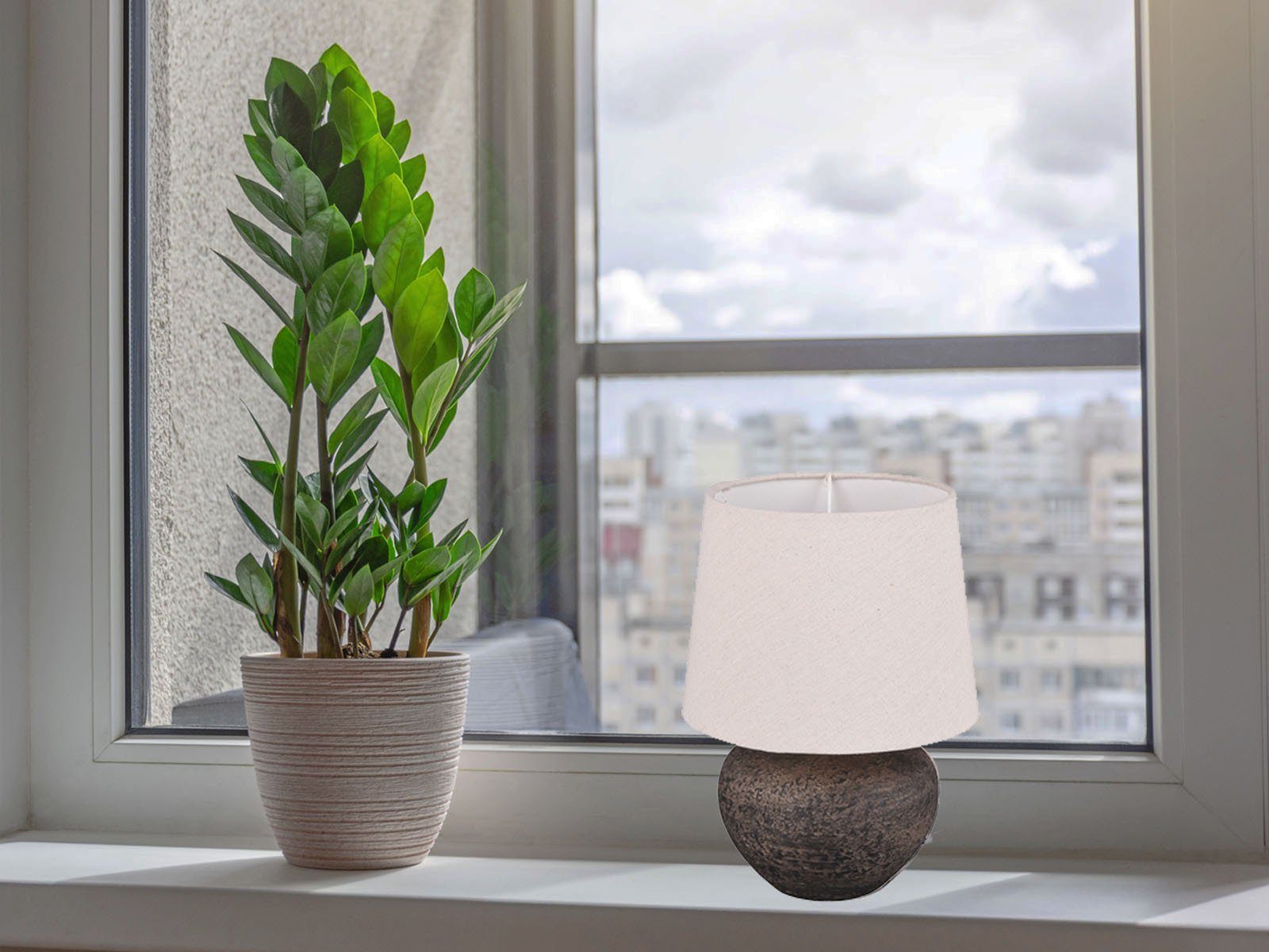kleine Keramik Beige LED Tischleuchte, LED & meineWunschleuchte 25cm wechselbar, H: Design-klassiker mit Lampenschirm Warmweiß, Stoff