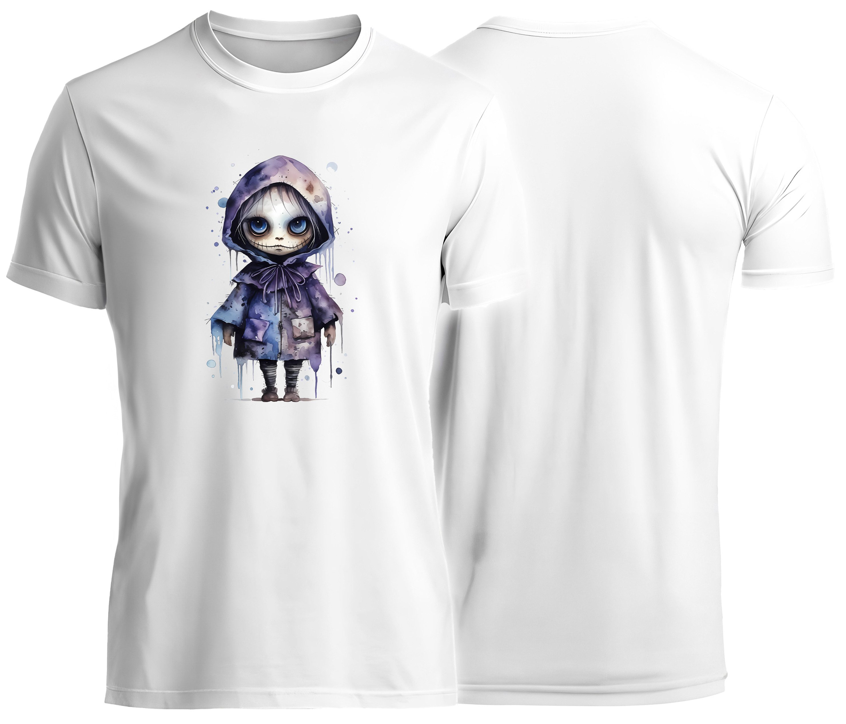 MyDesign24 T-Shirt Gothic kurzarm Shirt - düstere Puppe Halloween T-Shirt weiss Regular Fit Gr.L i382