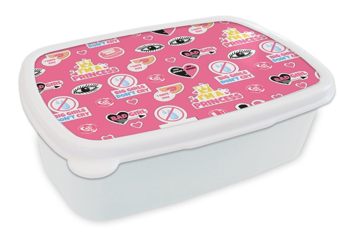 MuchoWow Lunchbox Mädchen - Rosa - Prinzessin - Muster, Kunststoff, (2-tlg), Brotbox für Kinder und Erwachsene, Brotdose, für Jungs und Mädchen weiß