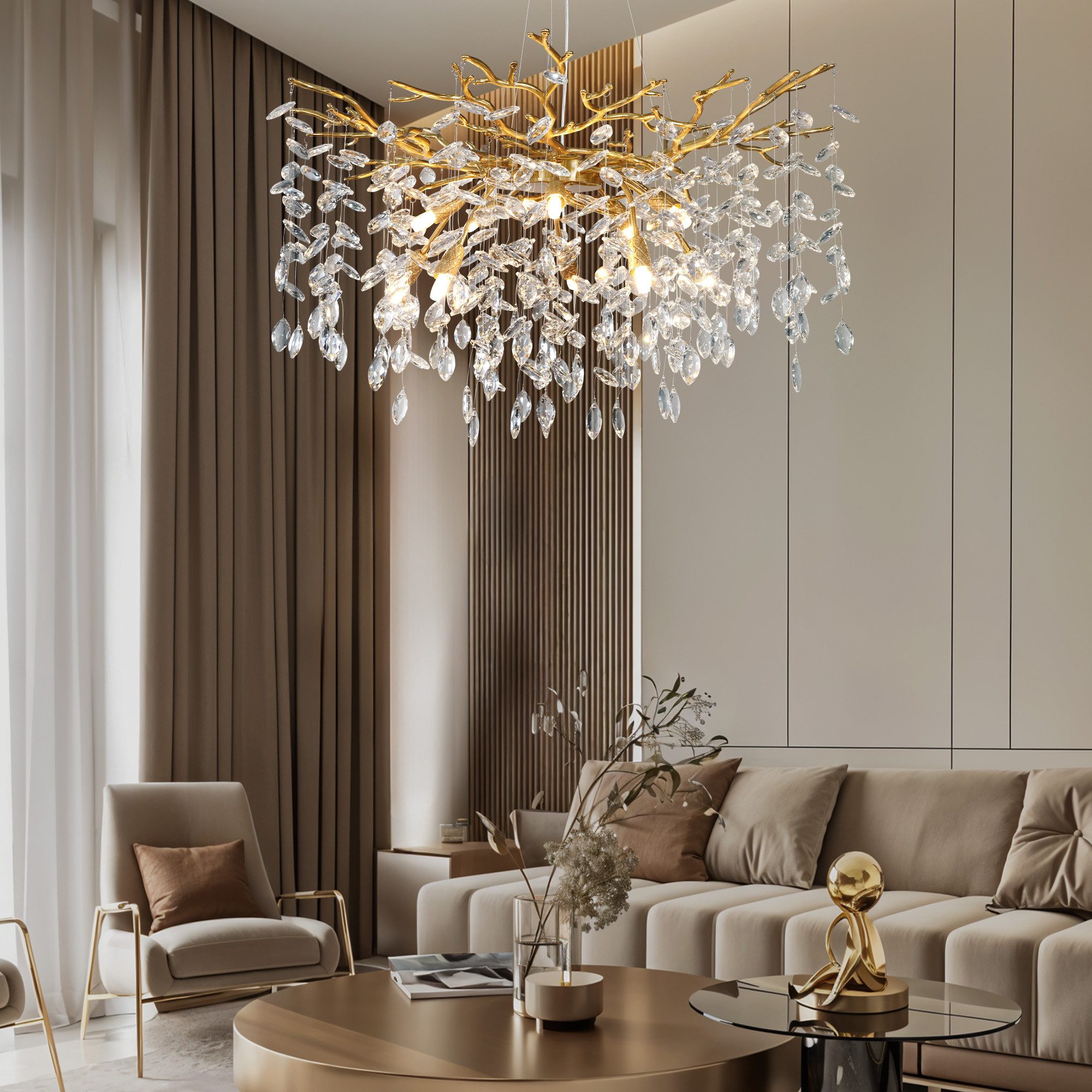 Surtime Kronleuchter rund, 60 cm, Goldfarben, 8x G9, Kristall, 10 G9-Fassungen für gleichmäßiges Licht, LED wechselbar, 3000 K Warmweiß, K9-Kristalldesign im Ast-Stil