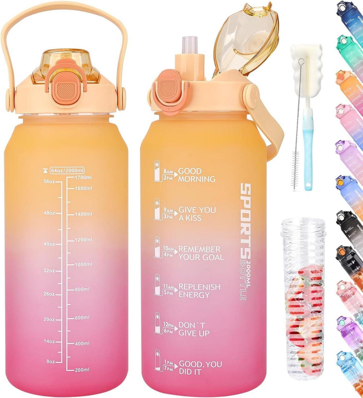 Becher Trinkflasche 2l mit Strohhalm, Früchtebehälter, Zeitmarkierung