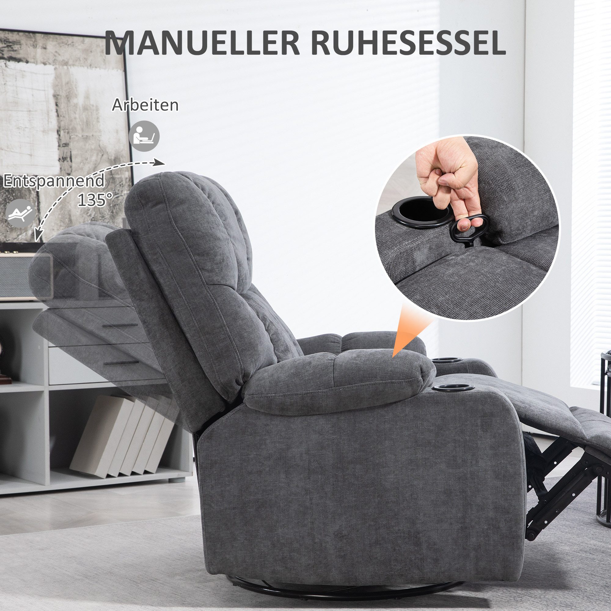 HOMCOM Relaxsessel Fernsehsessel mit Liegefunktion, Schaukelfunktion und Becherhalter (TV-Sessel, 1-St., Ruhesessel), für Wohnzimmer, Dunkelgrau – Bild 4 von 5