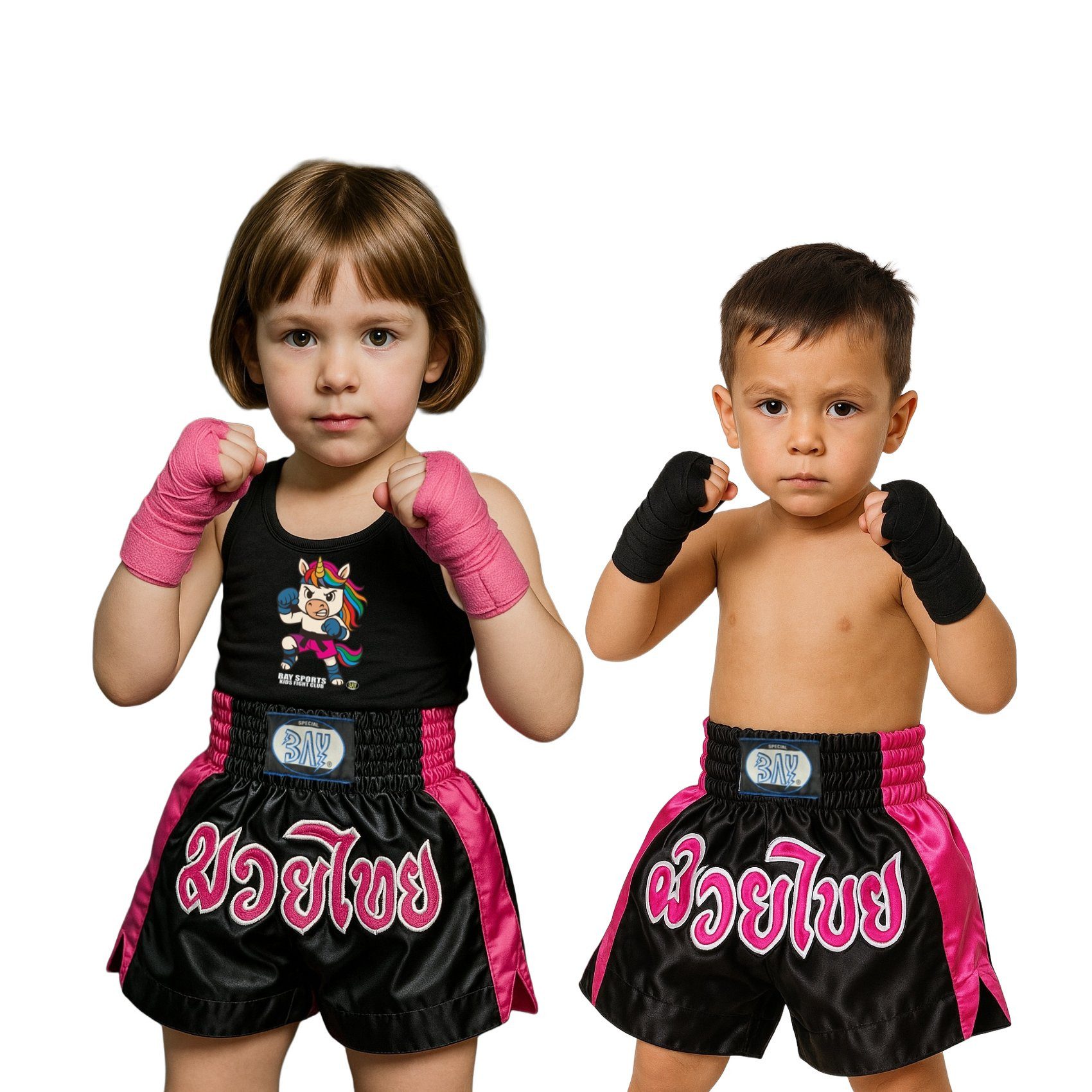 BAY-Sports Sporthose Thaiboxhose REMY Muay Thai Hose Shorts Thaiboxen MMA kurz Kickboxen kurze, leichte, locker sitzende Trainingshose, Schwarz/Pink/Weiß