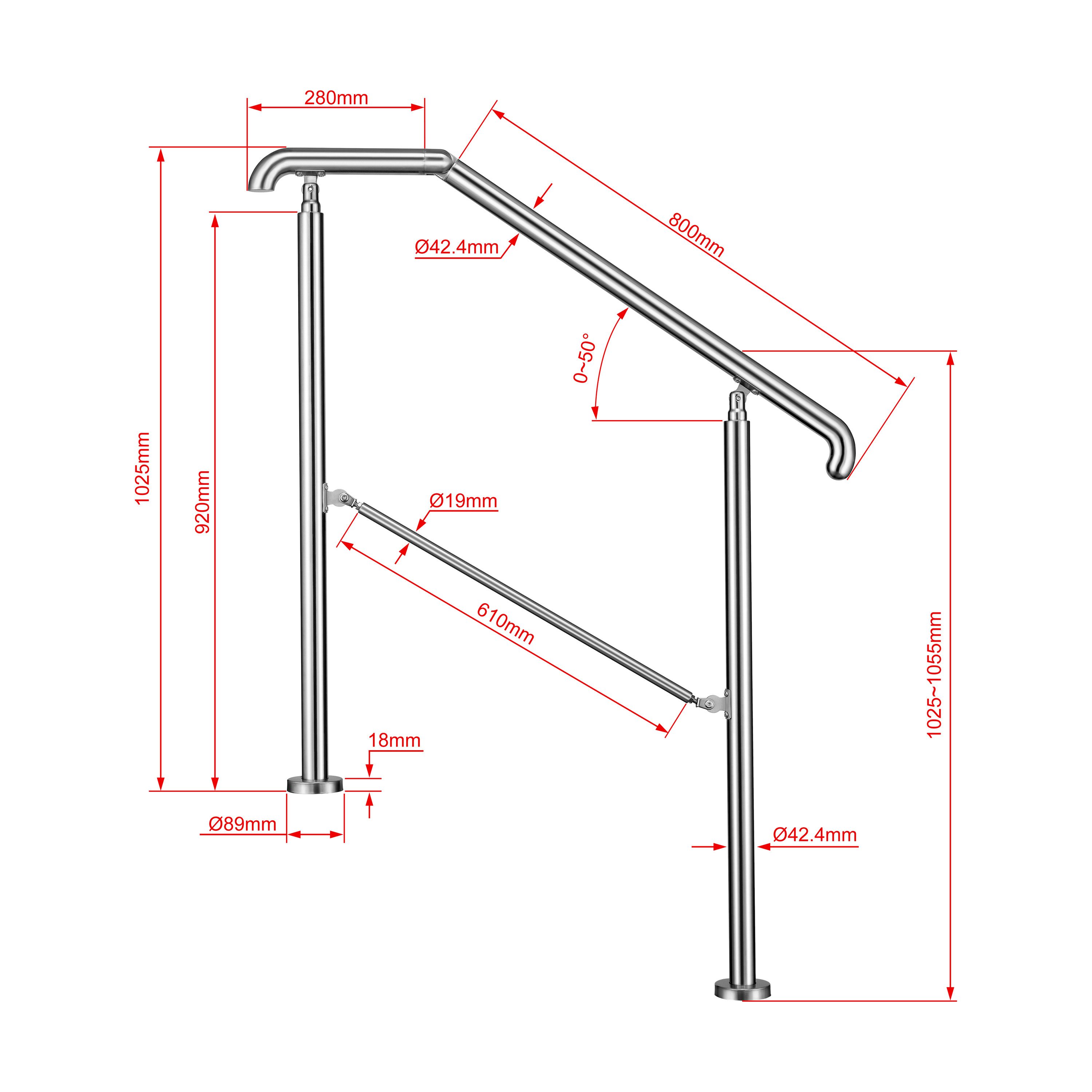 duschspa Handlauf 2–5 Stufen Edelstahl Geländer Eingangsgeländer für innen / außen, 108 cm Gesamtlänge, Eingangsgeländer, silber/schwarz, 108/136/162 cm – Bild 2 von 5