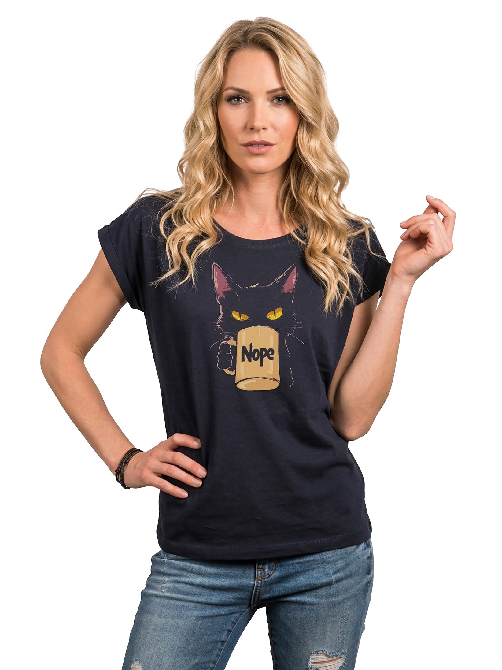MAKAYA T-Shirt Lustiges Damen T-Shirt mit Katze und Kaffeetasse, Nope Spruch (Schwarz, Blau, Dunkelgrau, 34, 36, 38, 40, 42, 44, 46, 48, 50) Baumwolle