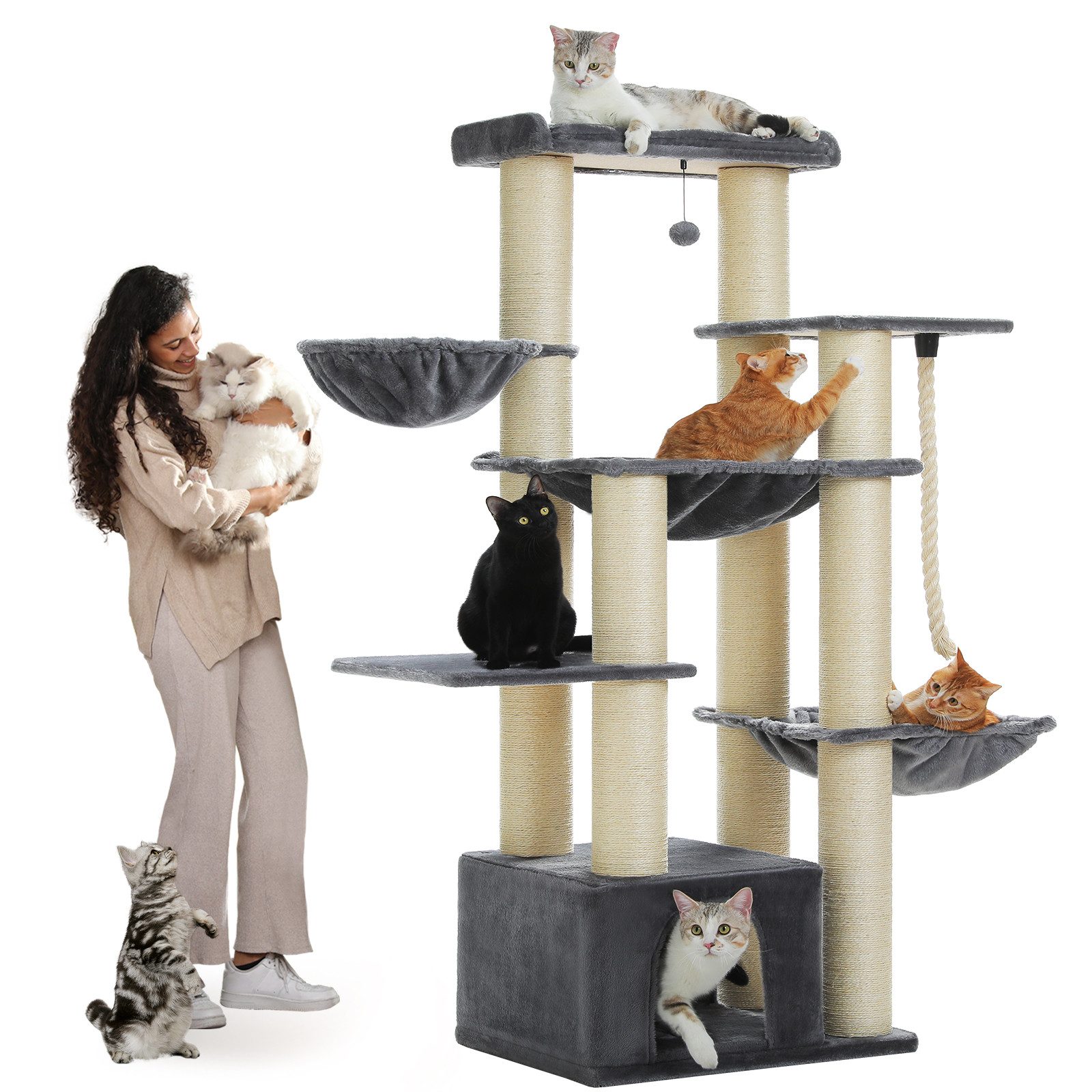 PETEPELA Kratzbaum Kratzbaum größe Katzen stabil mit 13 Sisalpfosten(11cm), Großer Sitzstange, Höhle, Körben, Kratzbaum XXL 169 cm