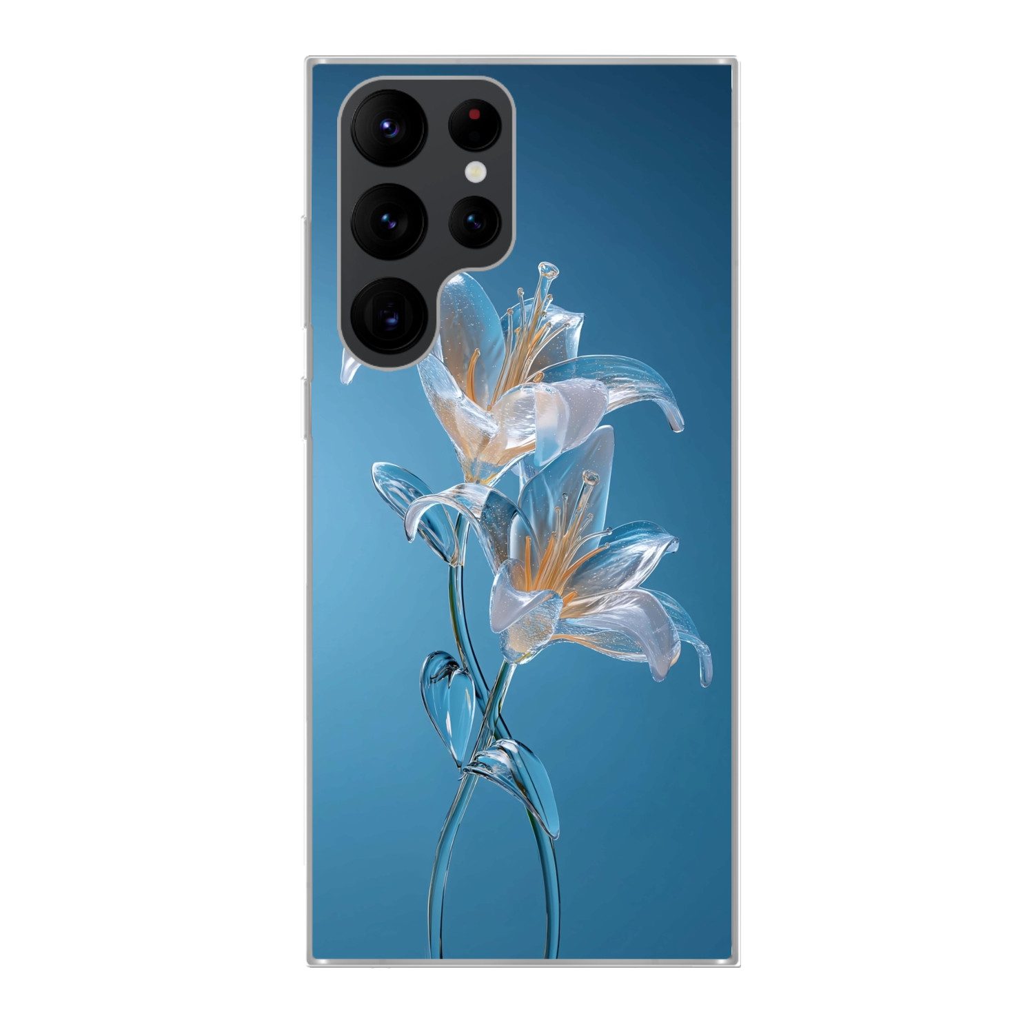 MuchoWow Handyhülle für Samsung Galaxy S22 Ultra Lilien - Blau - Gläser, Phone Case, Silikon, Schutzhülle Dünn