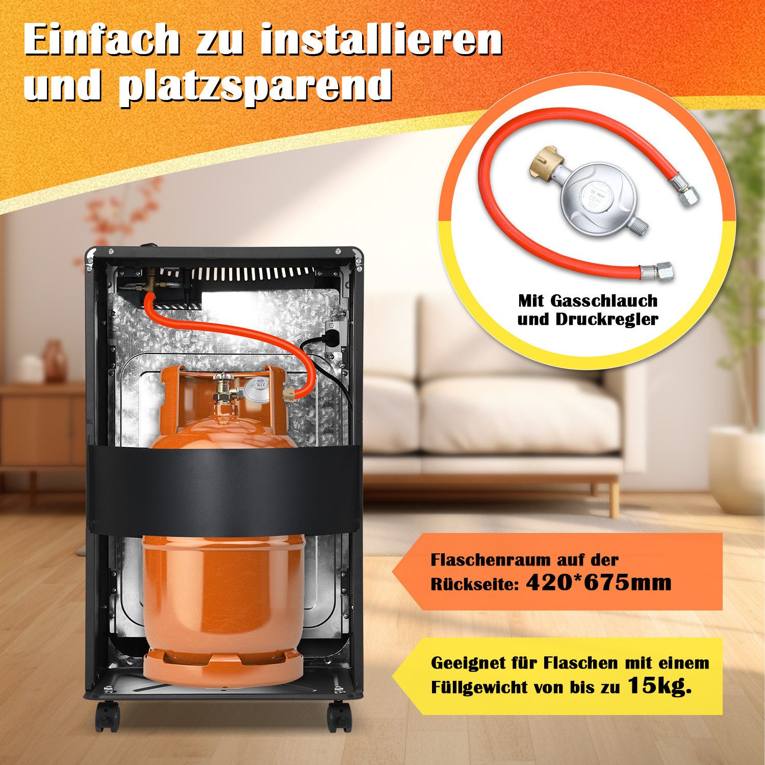 Clanmacy Heizgerät Keramik Gasheizgerät, Gas+Strom, inkl. Euro-Adapter, 42x36x72 cm, Piez, 4200 W – Bild 5 von 5