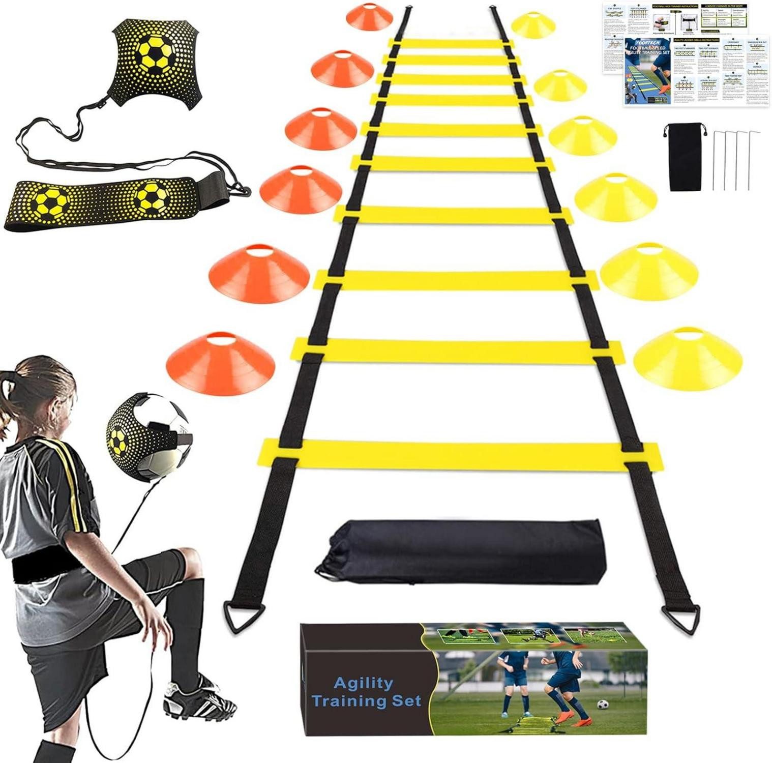 Fußballtor Fussball Trainingsset: Koordinationsleiter 6m, Kick Trainer & Hütchen