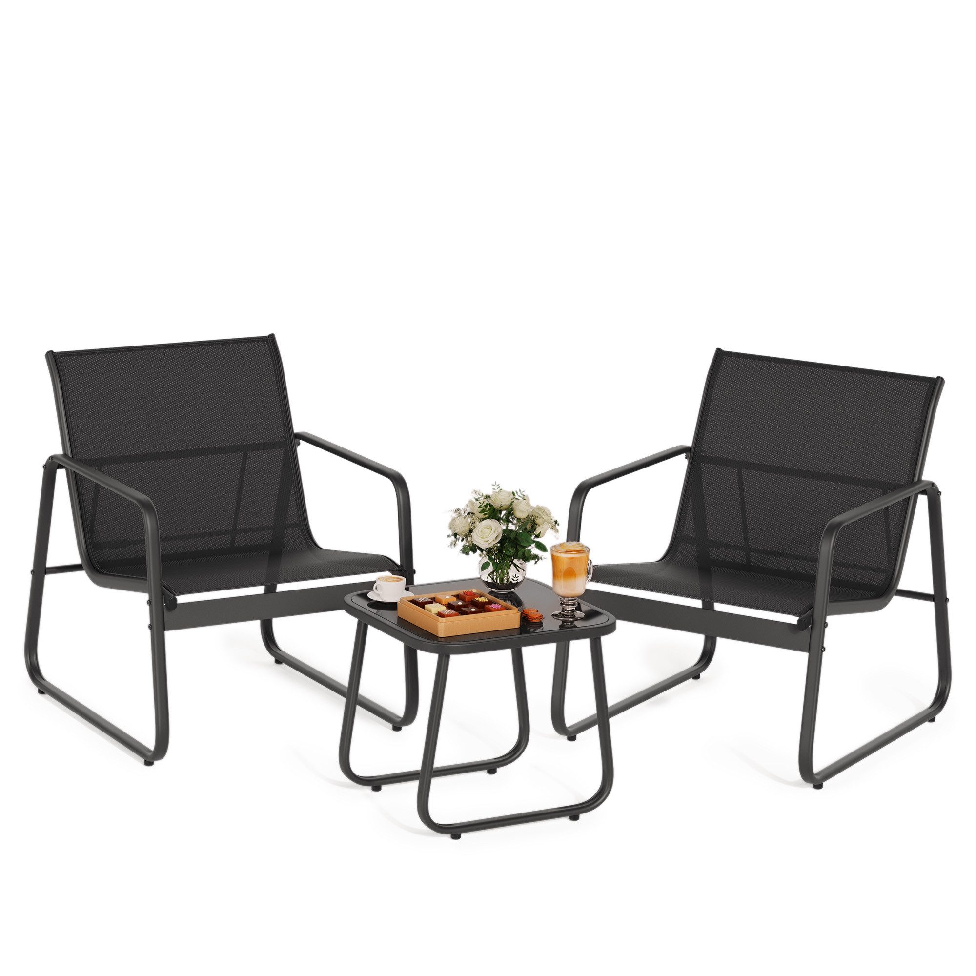 Blishom Balkonset Balkonmöbel Set 3-teilig, Textilene Bistro Set, Gartenmöbel mit 2 Stühlen Glastisch Wetterfest