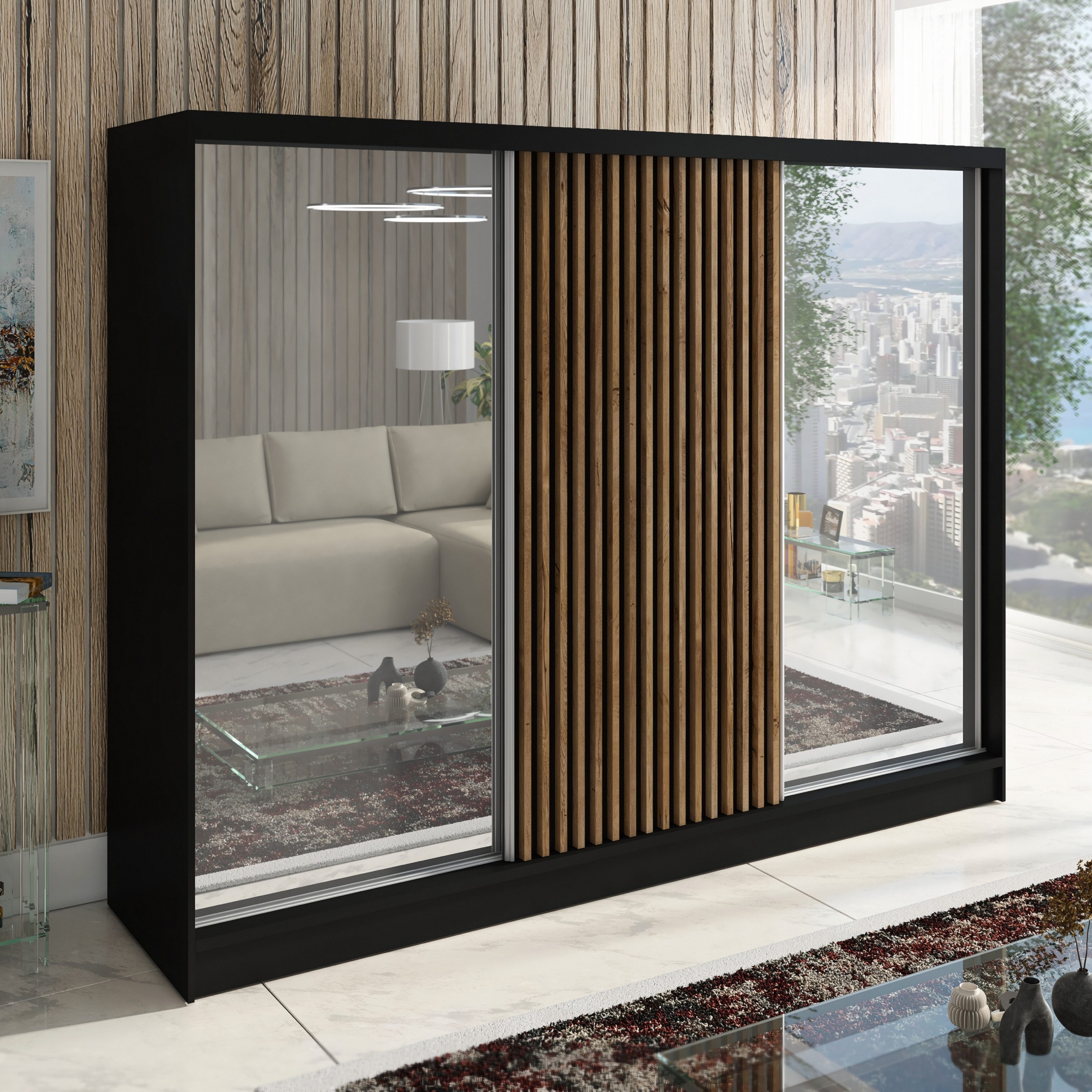 A&J MöbelLand GmbH Schiebetürenschrank DIVER 200 cm mit 3D-Lamellen und Spiegelfront (TOP ANGEBOT! Geräumiger Schrank mit einer Breite von 200 cm ideal zur Aufbewahrung von Kleidung und Accessoires. Wählen Sie das ideale Modell für Ihr Schlafzimmer!, TOP PRODUKT)