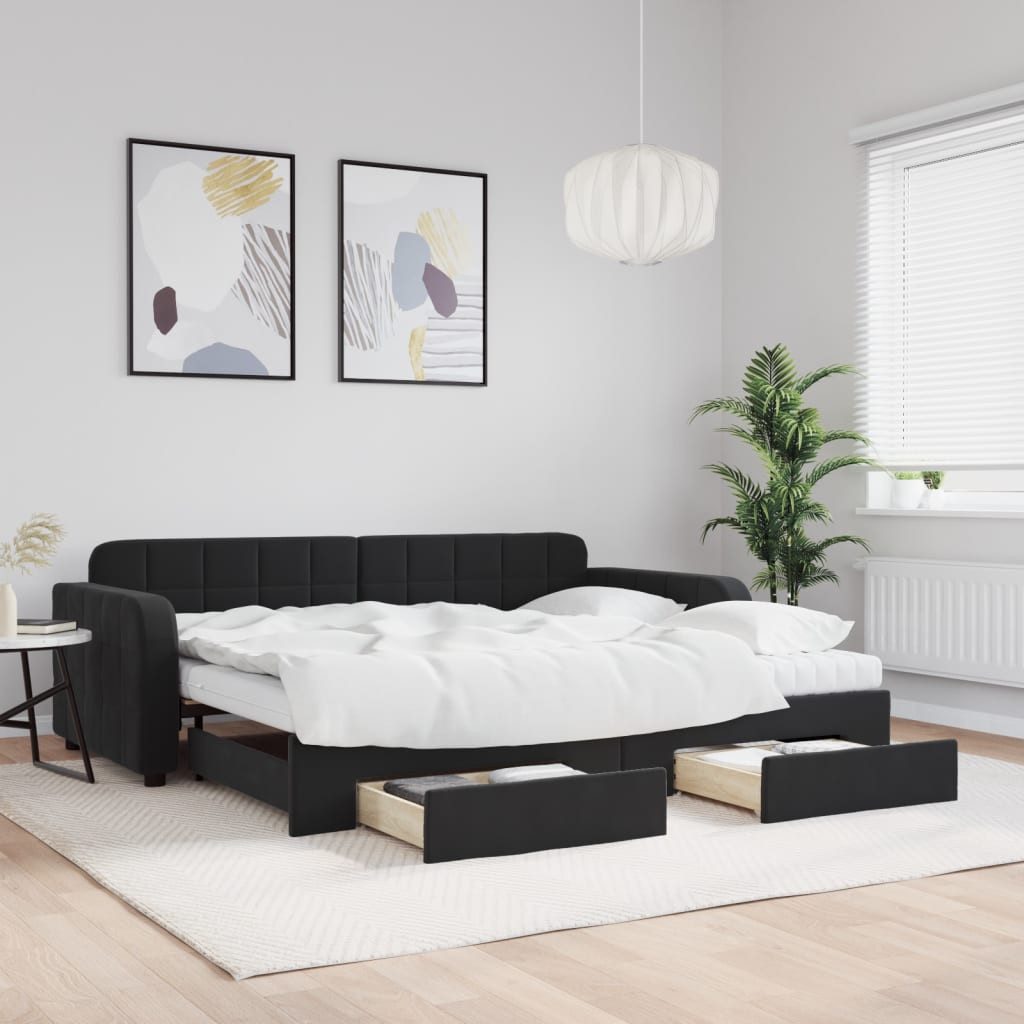 vidaXL Daybed, Tagesbett Ausziehbar mit Schubladen Schwarz 90x190 cm Samt