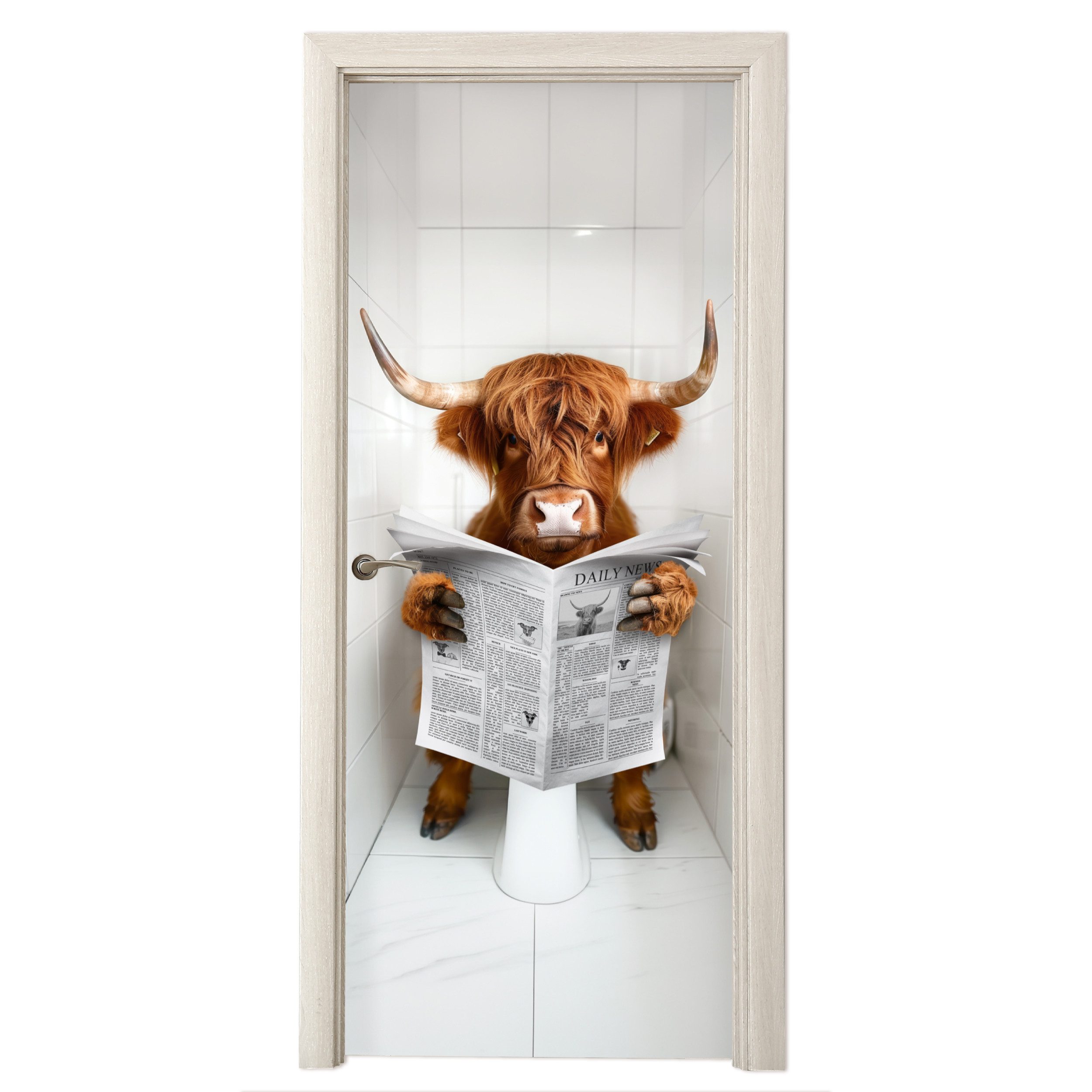 MuchoWow Türtapete Scottish Highlander - Zeitung - WC - Tier, Matt, bedruckt, (1 St), Selbstklebende Tapete, Folie für Möbel, 75x205 cm
