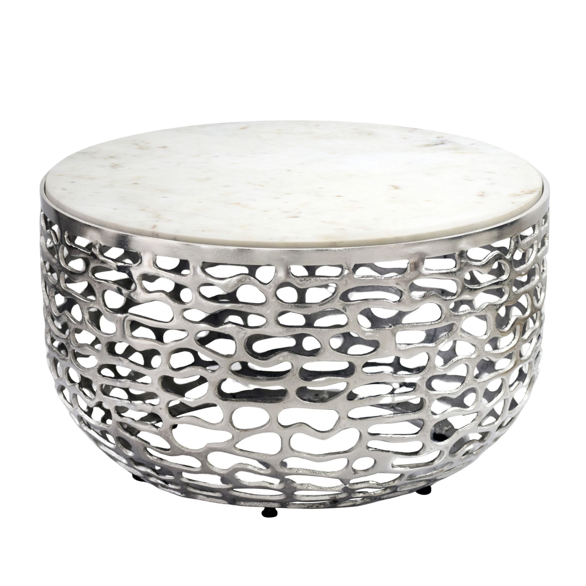 Wohnling Couchtisch WL7.522 Sofatisch Marmor Wohnzimmertisch Silber 60cm rund Handmade (Elegantes Design mit edlem Naturstein), Stilvoller Mittelpunkt im Wohnzimmer