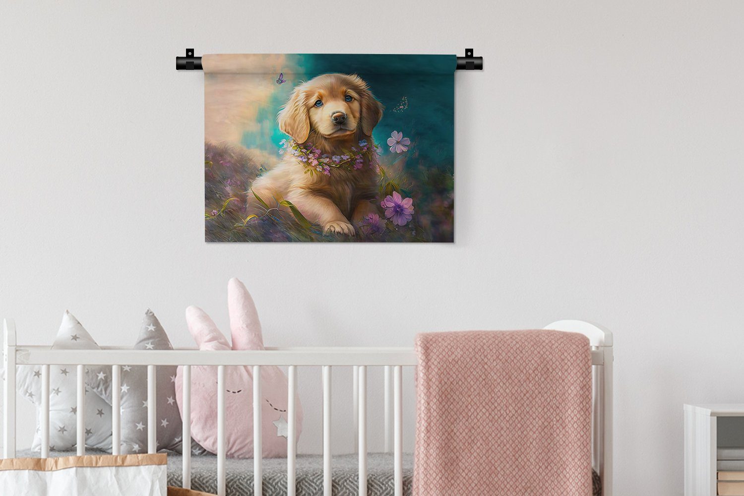 - Welpe Schlafzimmer, - Golden - Hund Retriever, Wohnzimmer, Wanddeko Kinderzimmer - Wanddekoobjekt für Blumenkranz Wandbehang, Schmetterling MuchoWow Kleid,