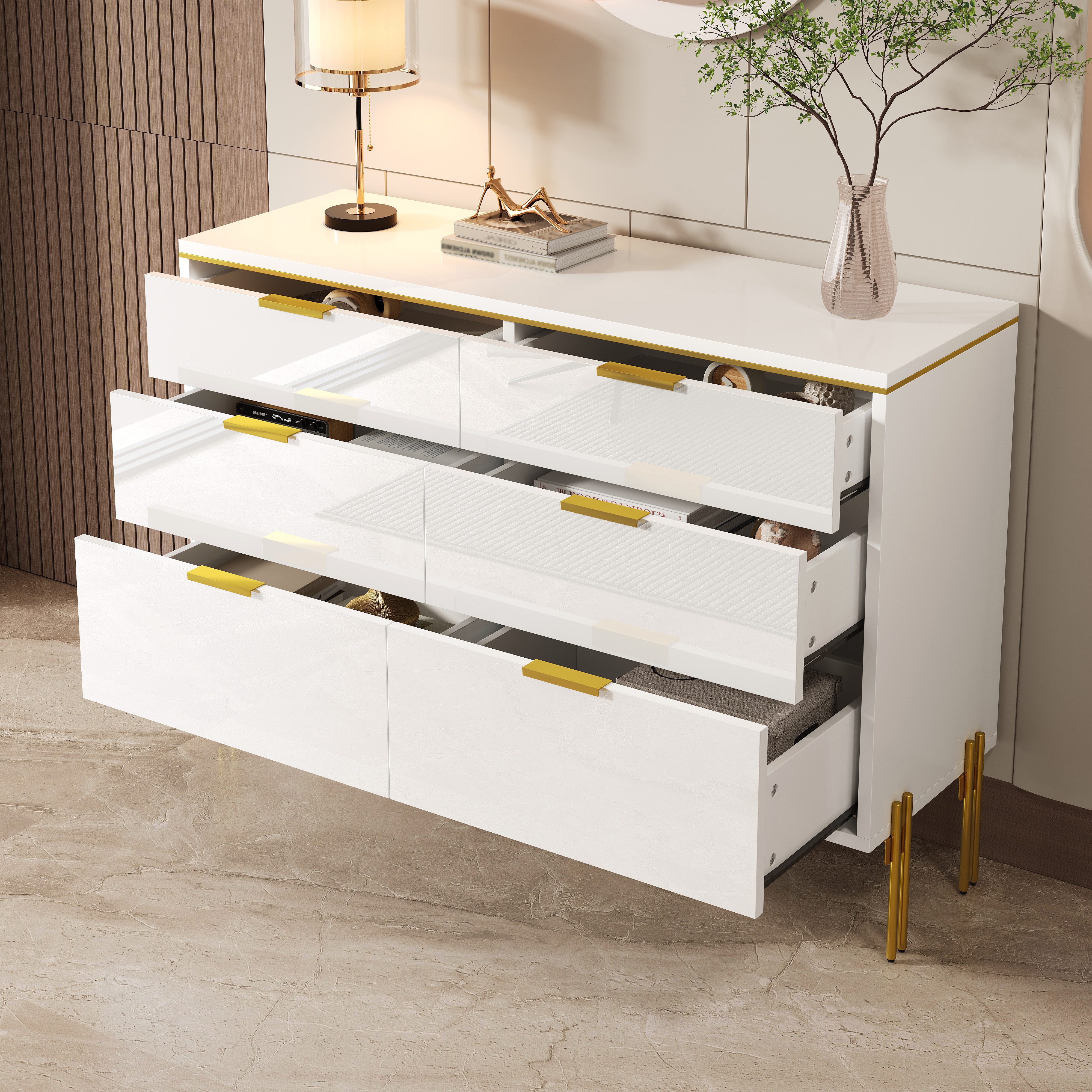 OKWISH Sideboard Moderner Sideboard-Schrank,stilvolles Aufbewahrungsmöbel (Packung, 1 St., mit 6 Schubladen, Hochglanz-Fronten), Weiß-goldenes Farbschema für Wohnzimmer, Esszimmer und Flure.