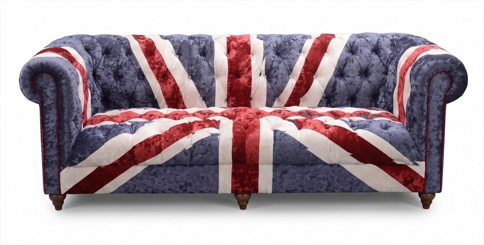 JVmoebel Chesterfield-Sofa 3-Sitzer Sofa Union Jack Chesterfield Samt Blau Vintage British Retro, 1 Teile, Britische Flagge Design