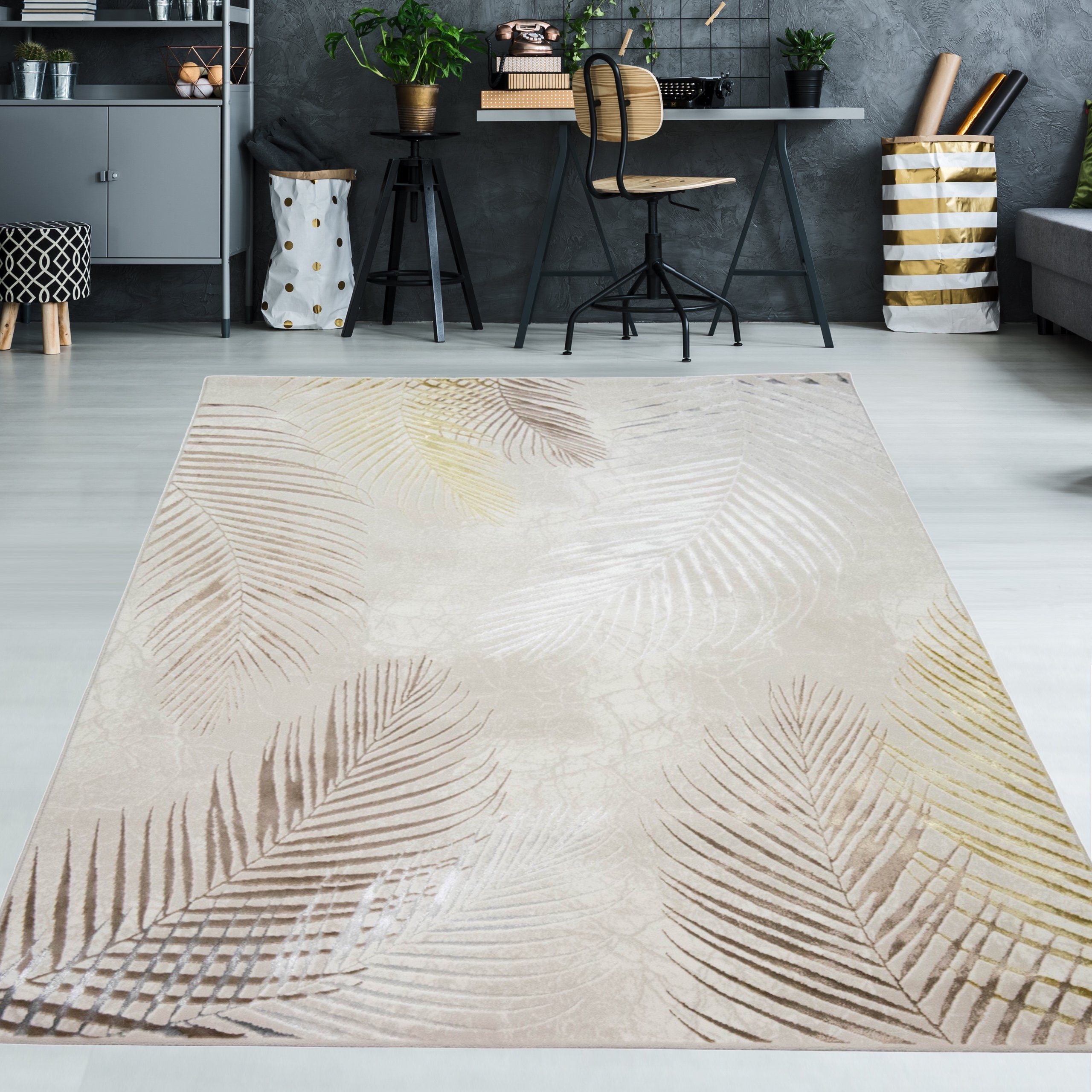 TeppichHome24 Teppich Designer Teppich Palmzweige creme grau gold, rechteck günstig online kaufen