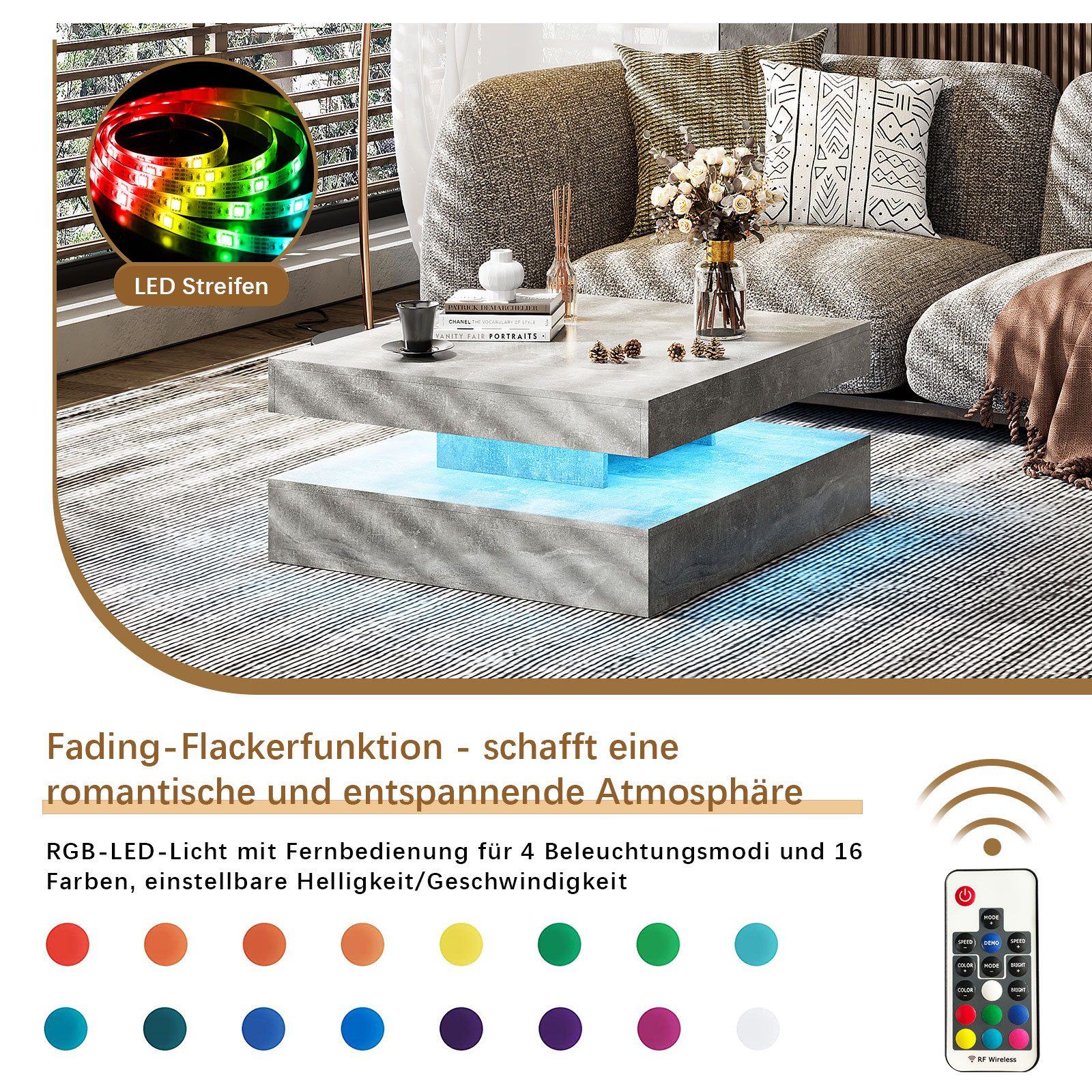 radelldar Couchtisch Quadratisch LED-Beleuchtung 2-in-1 (1-St), Moderner Wohnzimmertisch 78x78 cm mit Fernbedienung – Bild 5 von 5