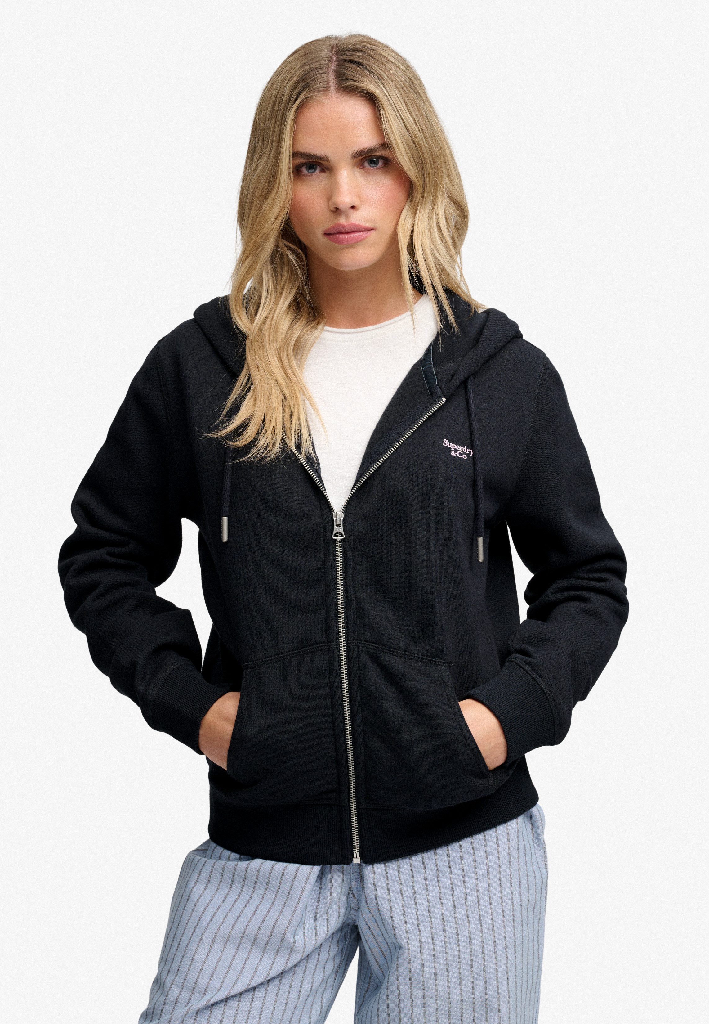Superdry Kapuzensweatjacke SIGNATURE EMB ZIPHOOD Baumwollmischung, relaxed fit