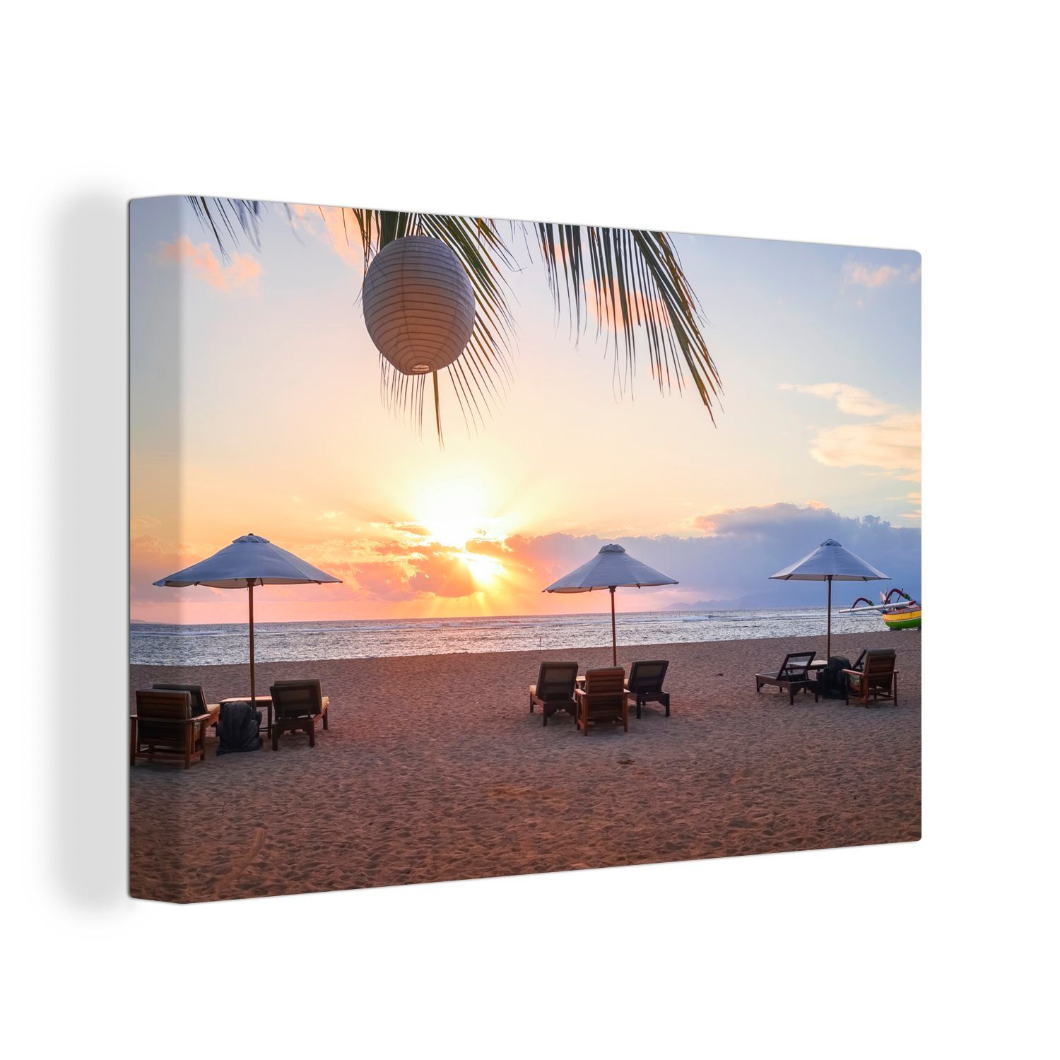 OneMillionCanvasses® Leinwandbild Sonnenschirm - Sonnenuntergang - Palme, (1 St), Wandbild Leinwandbilder, Aufhängefertig, Wanddeko, 30x20 cm
