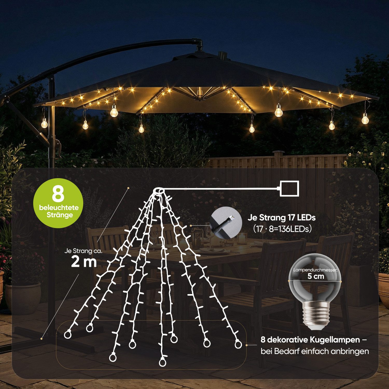 Sekey LED Solarleuchte Sonnenschirm Beleuchtung Solar LED Lichterkette mit 136 LEDs, 4M Solar Lichterkette für Sonnenschirm, Gartenleuchte