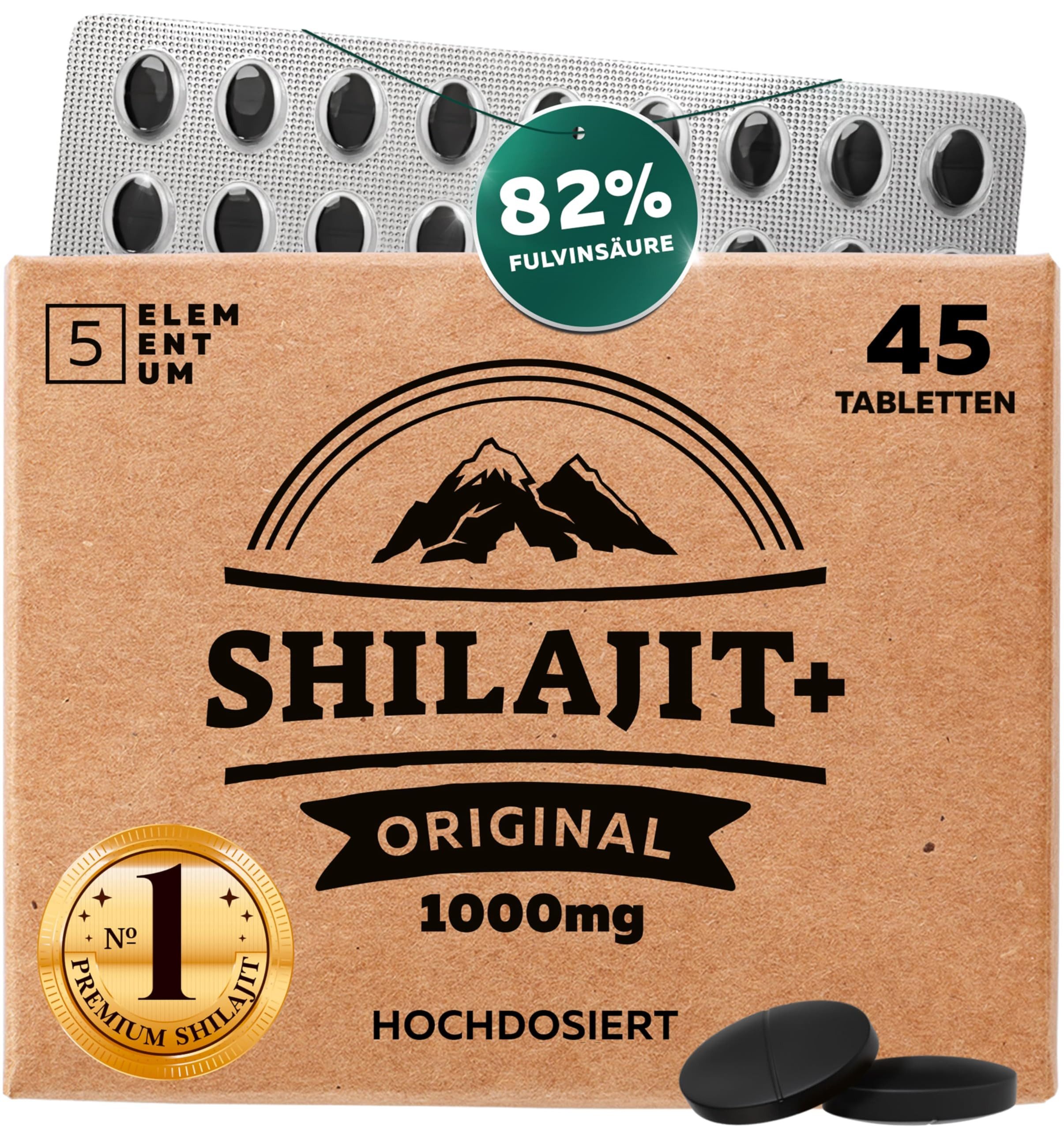 5 Elementum Shilajit Tabletten Hochdosiert - Reines Shilajit Kapseln, Original Mumijo Reich an 82% Fulvinsäure, Handgefertigt à 22.5 g